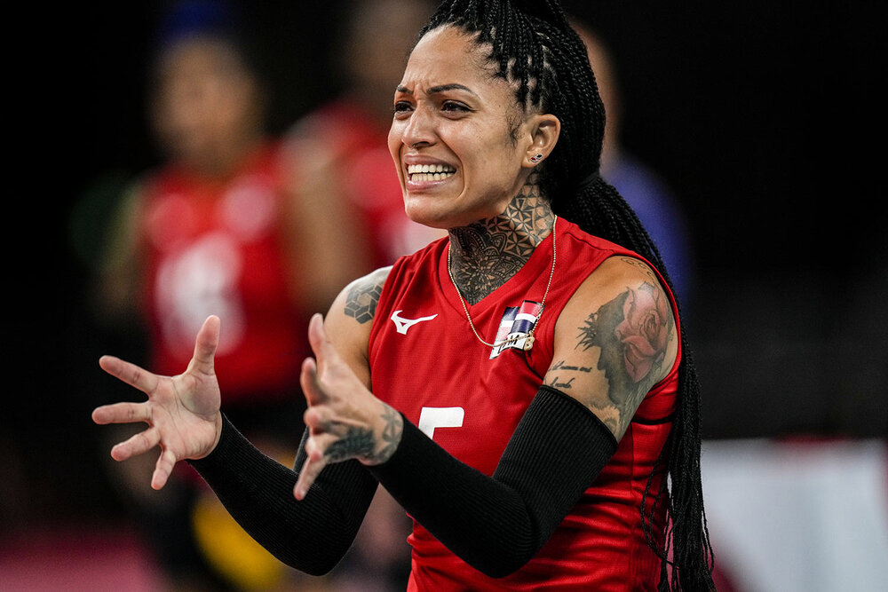  Dominican Republic womens' volleyball player Brenda Castillo gestures during a training session at the 2020 Summer Olympics, Thursday, July 22, 2021, in Tokyo, Japan. (AP Photo/Manu Fernandez) 