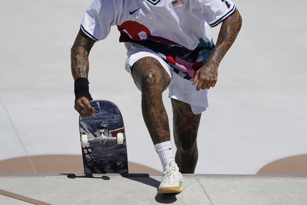  Nyjah Huston of the United States competes in the men's street skateboarding at the 2020 Summer Olympics, Sunday, July 25, 2021, in Tokyo, Japan. (AP Photo/Jae C. Hong) 