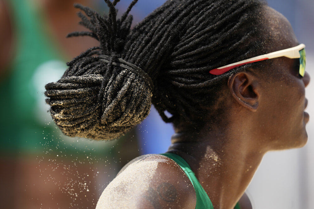  Gaudencia Makokha, of Kenya, competes during a women's beach volleyball match against the United States at the 2020 Summer Olympics, Thursday, July 29, 2021, in Tokyo, Japan. (AP Photo/Petros Giannakouris) 