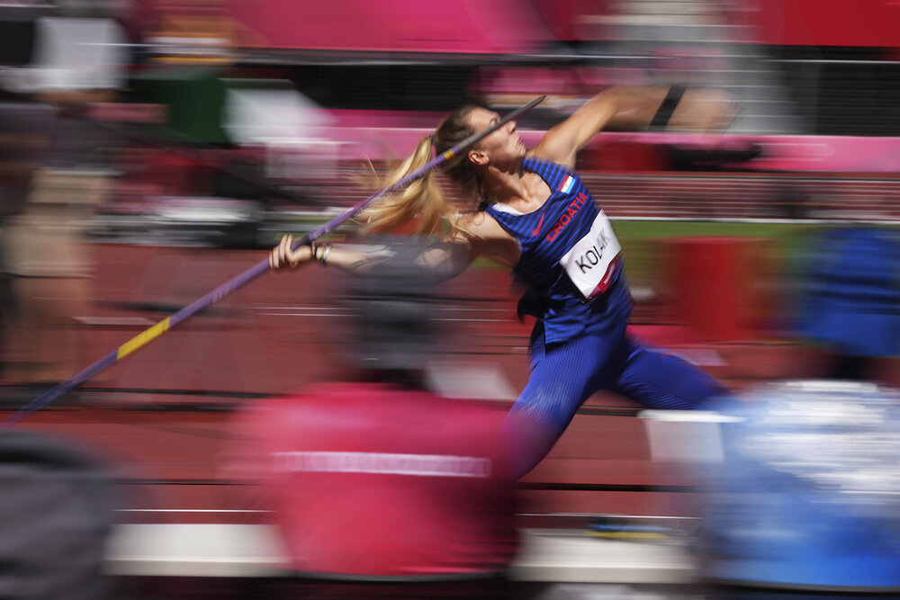  Sara Kolak, of Croatia, competes in qualifications for the women's javelin throw at the 2020 Summer Olympics, Tuesday, Aug. 3, 2021, in Tokyo. (AP Photo/Matthias Schrader) 