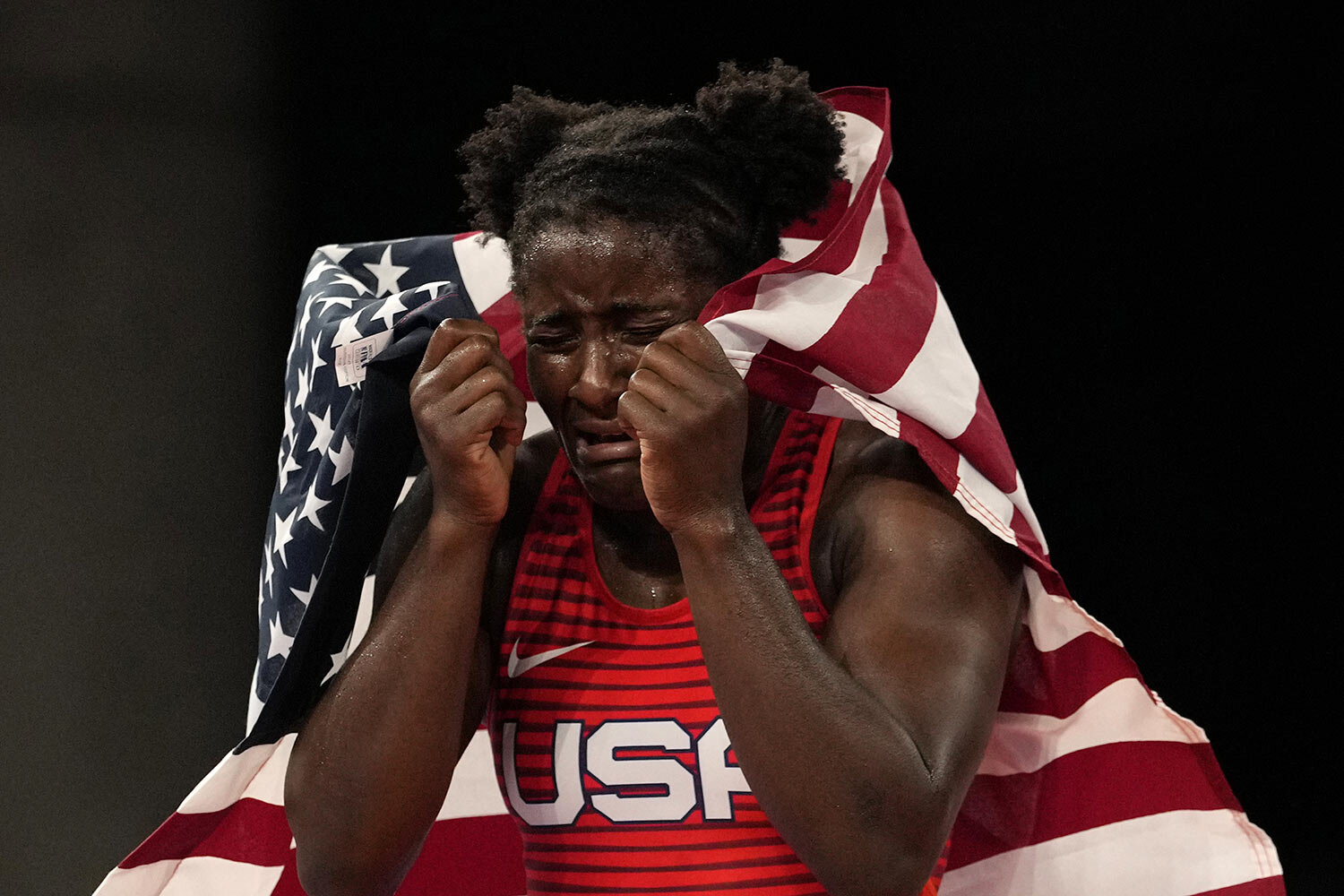  United States Tamyra Marianna Stock Mensah celebrates defeating Nigeria's Blessing Oborududu and winning the women's 68kg Freestyle wrestling final match at the 2020 Summer Olympics, Tuesday, Aug. 3, 2021, in Chiba, Japan. (AP Photo/Aaron Favila) 