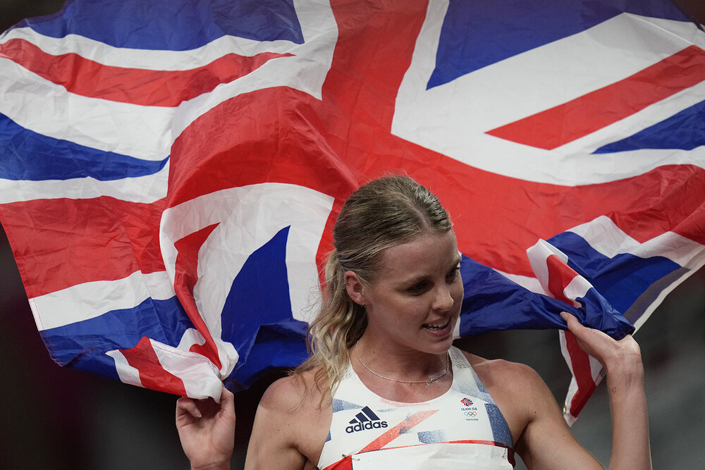  Keely Hodgkinson, of Britain, celebrates after her second place finish in the final of the women's 800-meters at the 2020 Summer Olympics, Tuesday, Aug. 3, 2021, in Tokyo. (AP Photo/Petr David Josek) 