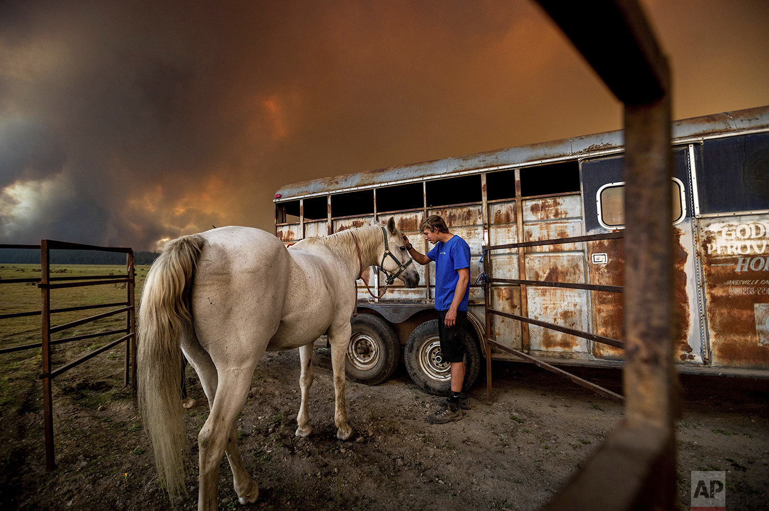  Hunter McKee pets Rosy after helping evacuate the horse to the edge of Lake Almanor as the Dixie Fire approaches Chester, Calif, on Tuesday, Aug. 3, 2021. Officials issued evacuation orders for the town earlier in the day as dry and windy conditions