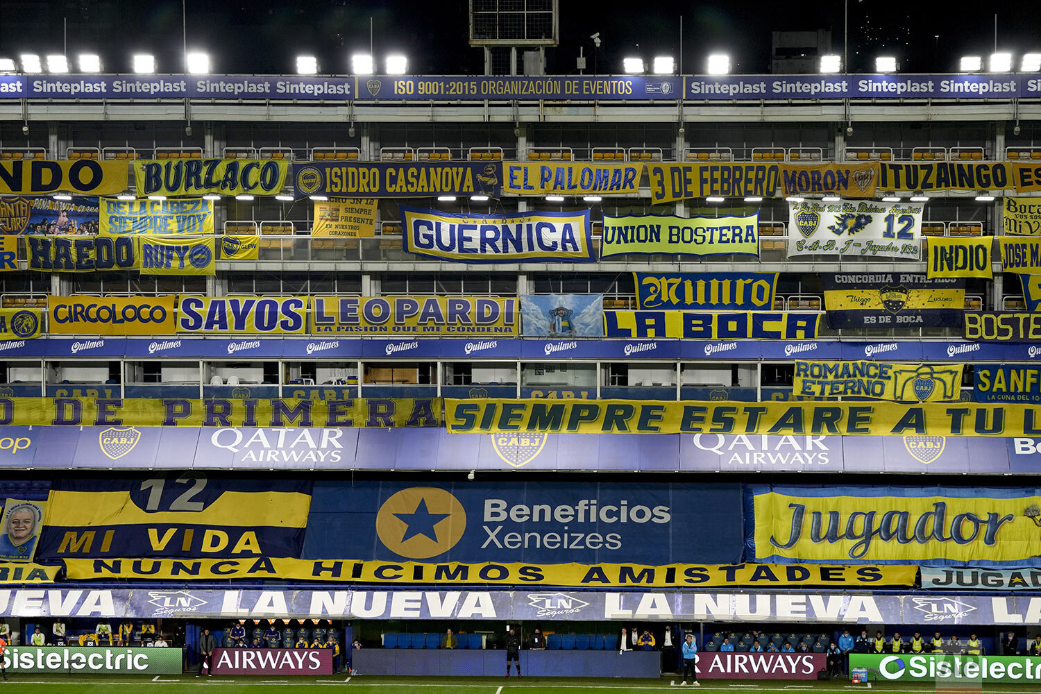  Banners placed by fans fill the empty stands of Bombonera stadium during a soccer match between Boca Juniors and Racing Club in Buenos Aires, Argentina, Aug. 30, 2021. (AP Photo/Natacha Pisarenko) 