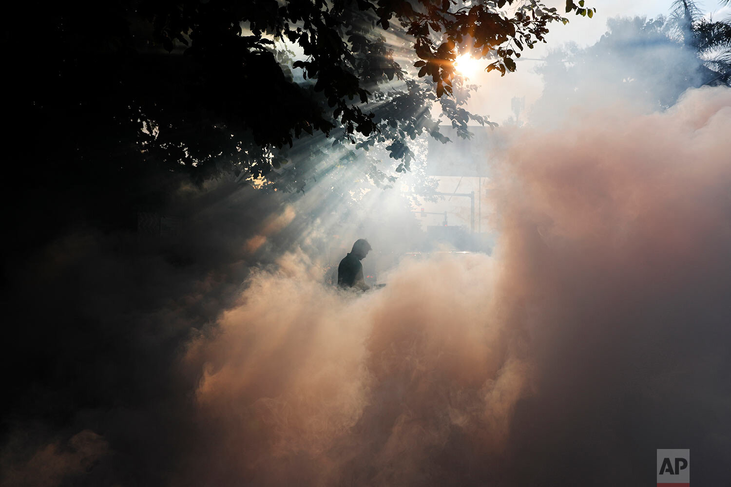 An Indian municipal worker fumigates an area in Prayagraj, Uttar Pradesh, India, Wednesday, Sept. 29, 2021. (AP Photo/Rajesh Kumar Singh) 