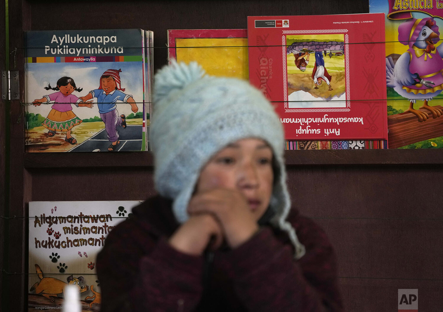  Books written in the Quechua Indigenous language sit behind a student during a class on medicinal plants, at a public primary school in Licapa, Peru, Sept. 1, 2021. Quechua speakers are expecting that Peru’s new government, led by a rural schoolteac