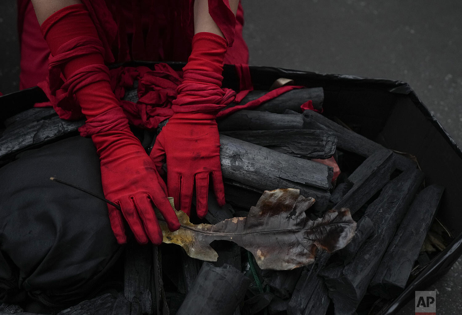  A  demonstrator touches a burnt leaf over a mock coffin filled with charcoal, representing the death by fire of the Amazon, at a Fridays for Future global climate strike demonstration in Sao Paulo, Brazil, Sept. 24, 2021. Activists staged rallies ac