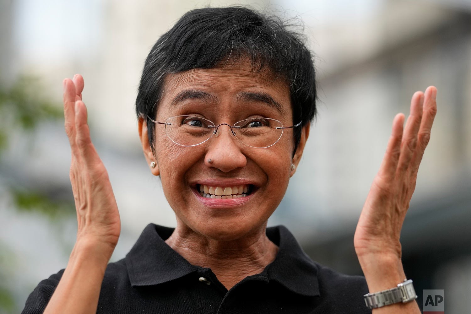  Rappler CEO and Executive Editor Maria Ressa reacts during an interview at a restaurant in Taguig city, Philippines on Saturday, Oct. 9, 2021, after she and fellow journalist Dmitry Muratov, of Russia, were awarded the Nobel Peace Prize for their fi