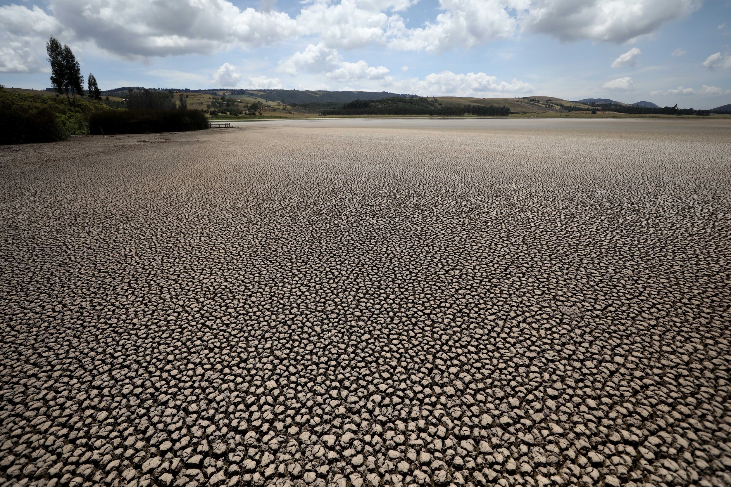  Cracked mud stretches out across a vast area once covered by the waters of the Suesca lagoon, in Suesca, Colombia, on Feb. 17, 2021. The lake, once teeming with fish, is drying up due to the effects of climate change. (AP Photo/Fernando Vergara) 