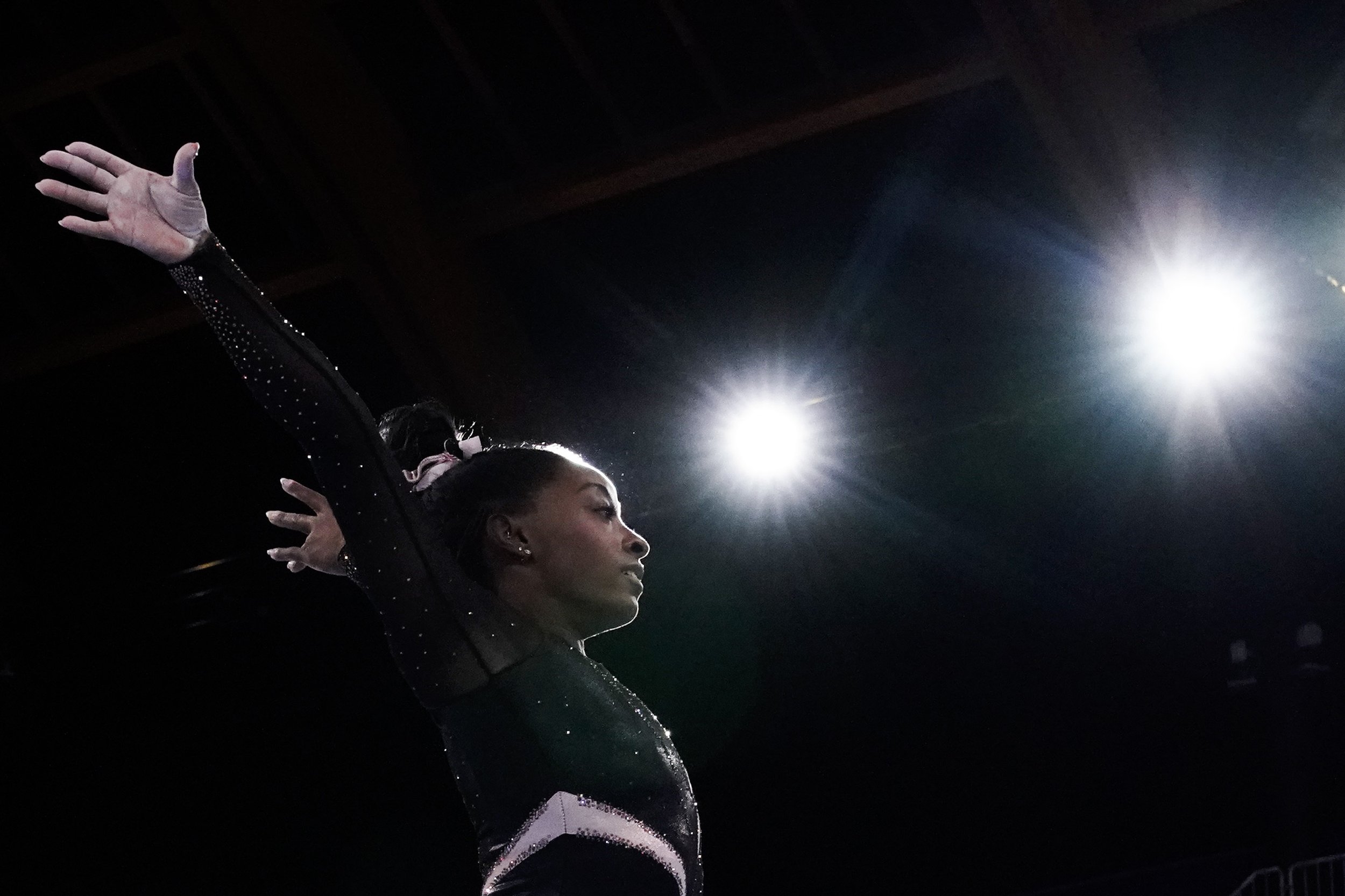  Simone Biles of the United States trains on vault for artistic gymnastics at Ariake Gymnastics Centre in Tokyo, Japan, on July 22, 2021, ahead of the 2020 Summer Olympics. (AP Photo/Ashley Landis) 