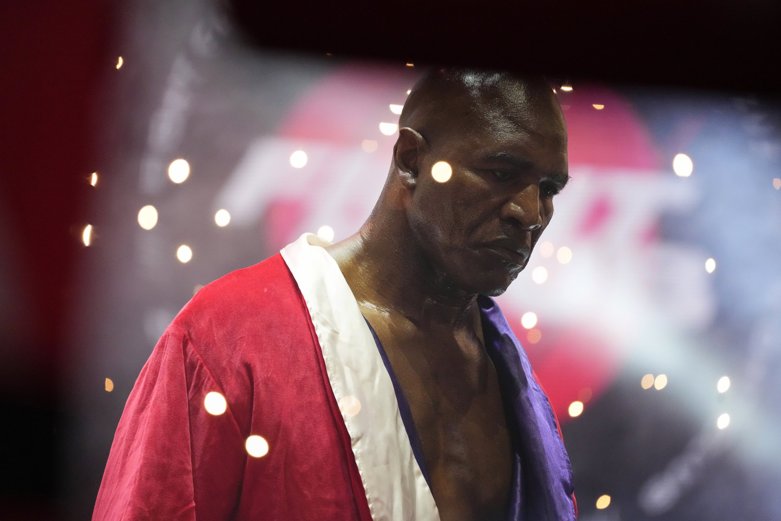  Former heavyweight champ Evander Holyfield walks into the ring for his boxing match against former MMA star Vitor Belfort on Sept. 11, 2021, in Hollywood, Fla. (AP Photo/Rebecca Blackwell) 