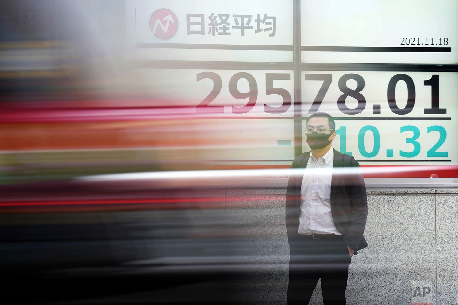  As a car passes by, a man wearing a protective mask stands near an electronic stock board showing Japan's Nikkei 225 index at a securities firm Thursday, Nov. 18, 2021, in Tokyo.(AP Photo/Eugene Hoshiko) 
