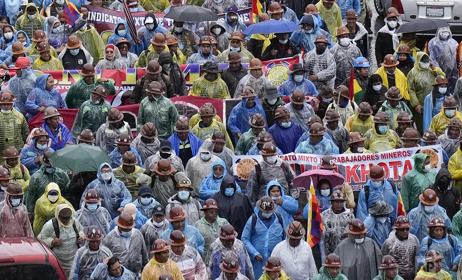  Government supporters take part in the "March for the Homeland," showing support for President Luis Are, in La Paz, Bolivia, Monday, Nov. 29, 2021. (AP Photo/Juan Karita) 