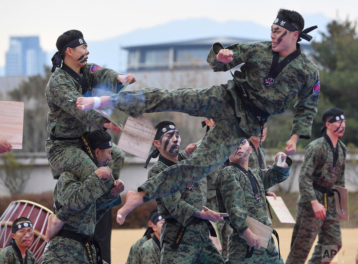  South Korean 2nd army command's soldiers perform taekwondo as U.S. Secretary of Defense Lloyd J. Austin III and South Korean Defense Minister Suh Wook (both not pictured) watch during a ceremony of the SCM (Security Consultative Meeting) at the grea