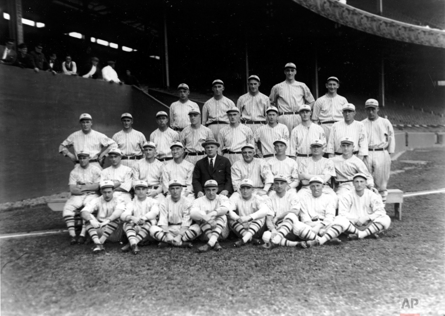  The New York Giants baseball team, winners of the 1922 National League pennant, pose at the Polo Grounds in New York City on Sept. 26, 1922.  Outfielder Casey Stengel is seated in the second row, third from left.  (AP Photo) 
