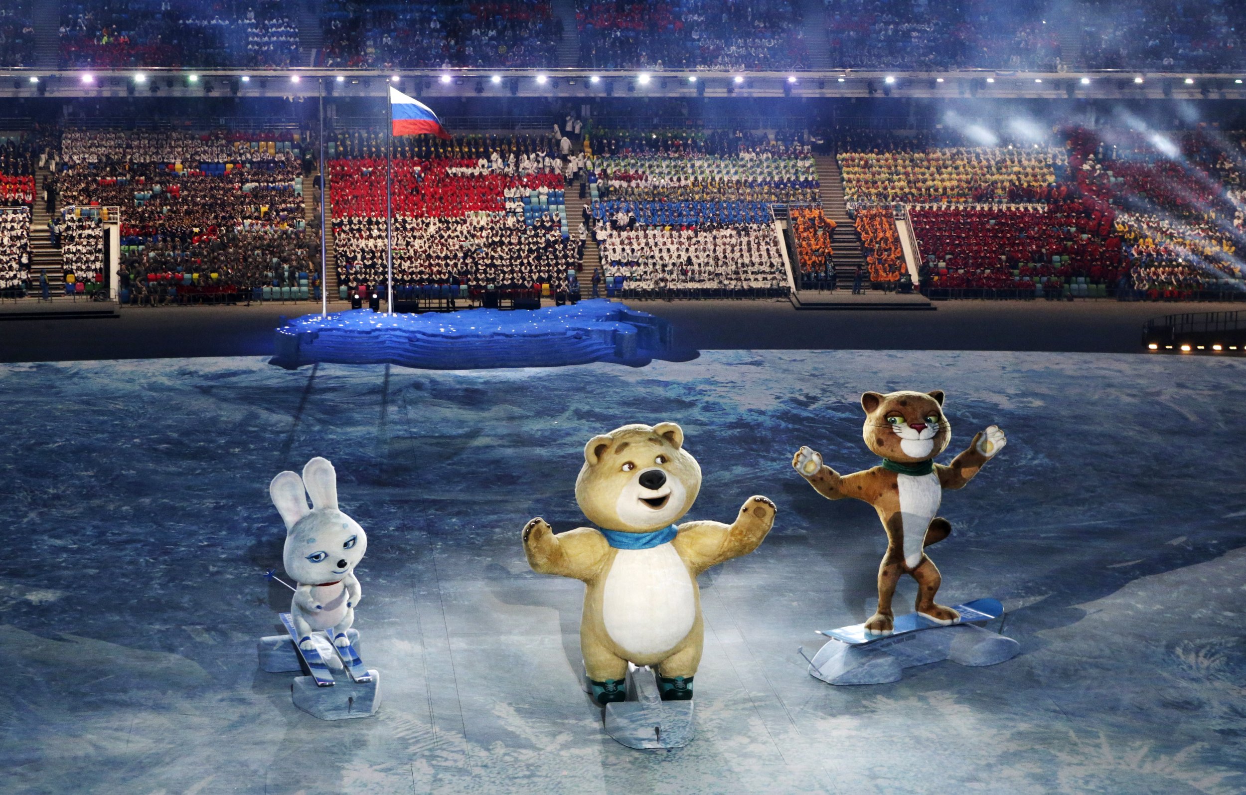  Robotic mascots perform during the opening ceremony of the 2014 Winter Olympics in Sochi, Russia, Feb. 7, 2014. (AP Photo/Robert F. Bukaty) 