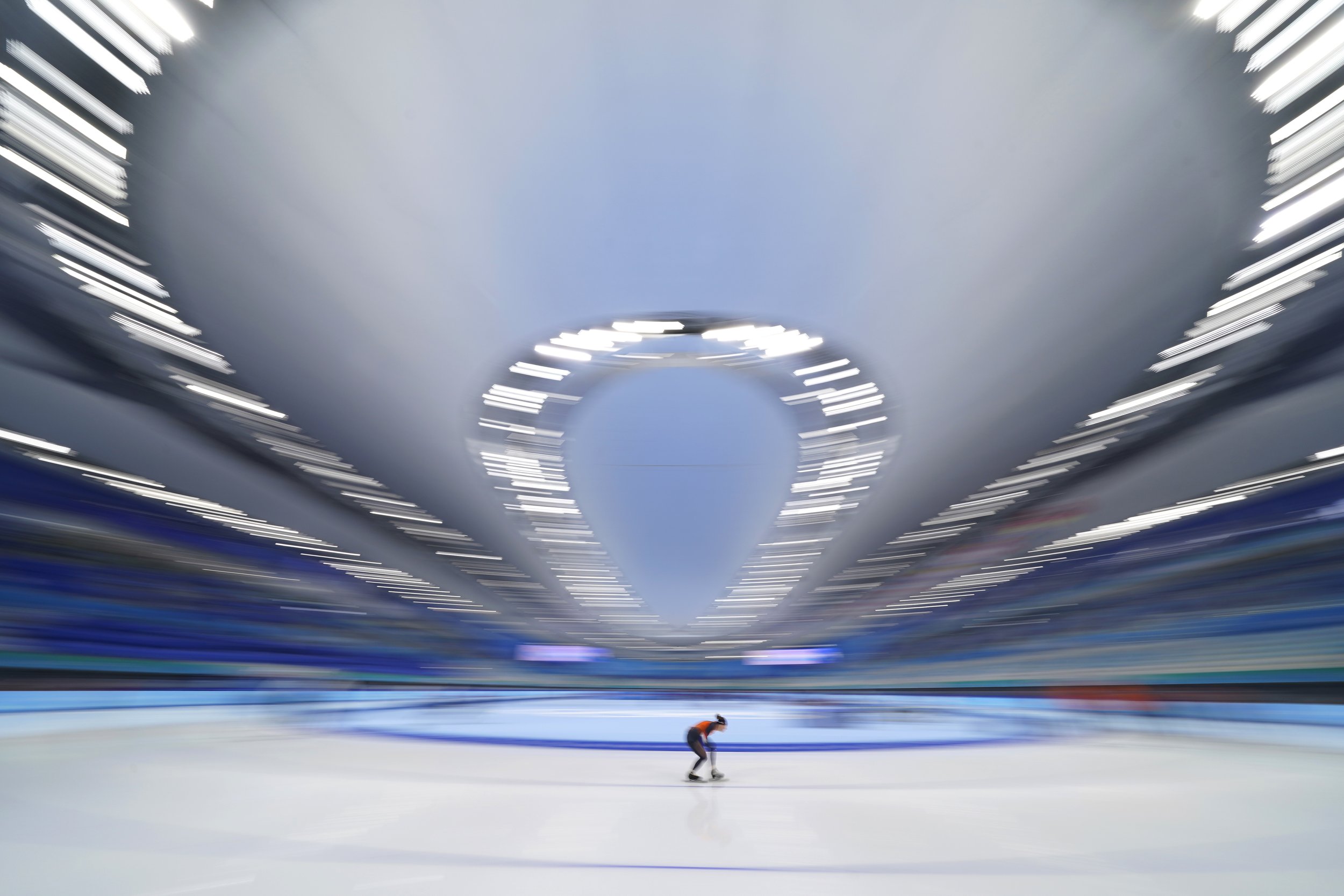  An athlete from the Netherlands skates during a speed skating practice session ahead of the 2022 Winter Olympics, Feb. 3, 2022, in Beijing. (AP Photo/Ashley Landis) 
