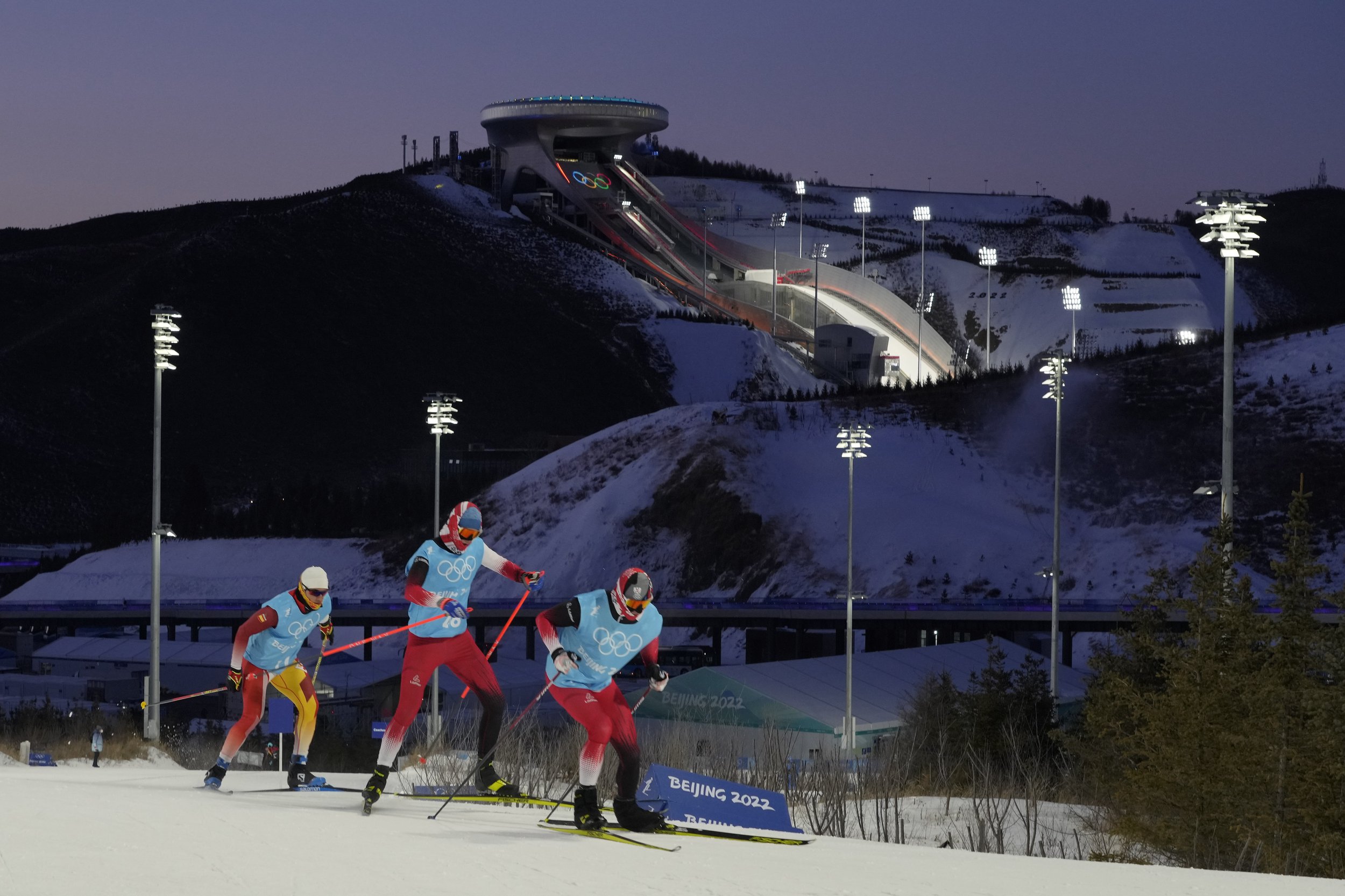  Skiers train in cross-country skiing practice before the 2022 Winter Olympics, Wednesday, Feb. 2, 2022, in Zhangjiakou, China. (AP Photo/Alessandra Tarantino) 