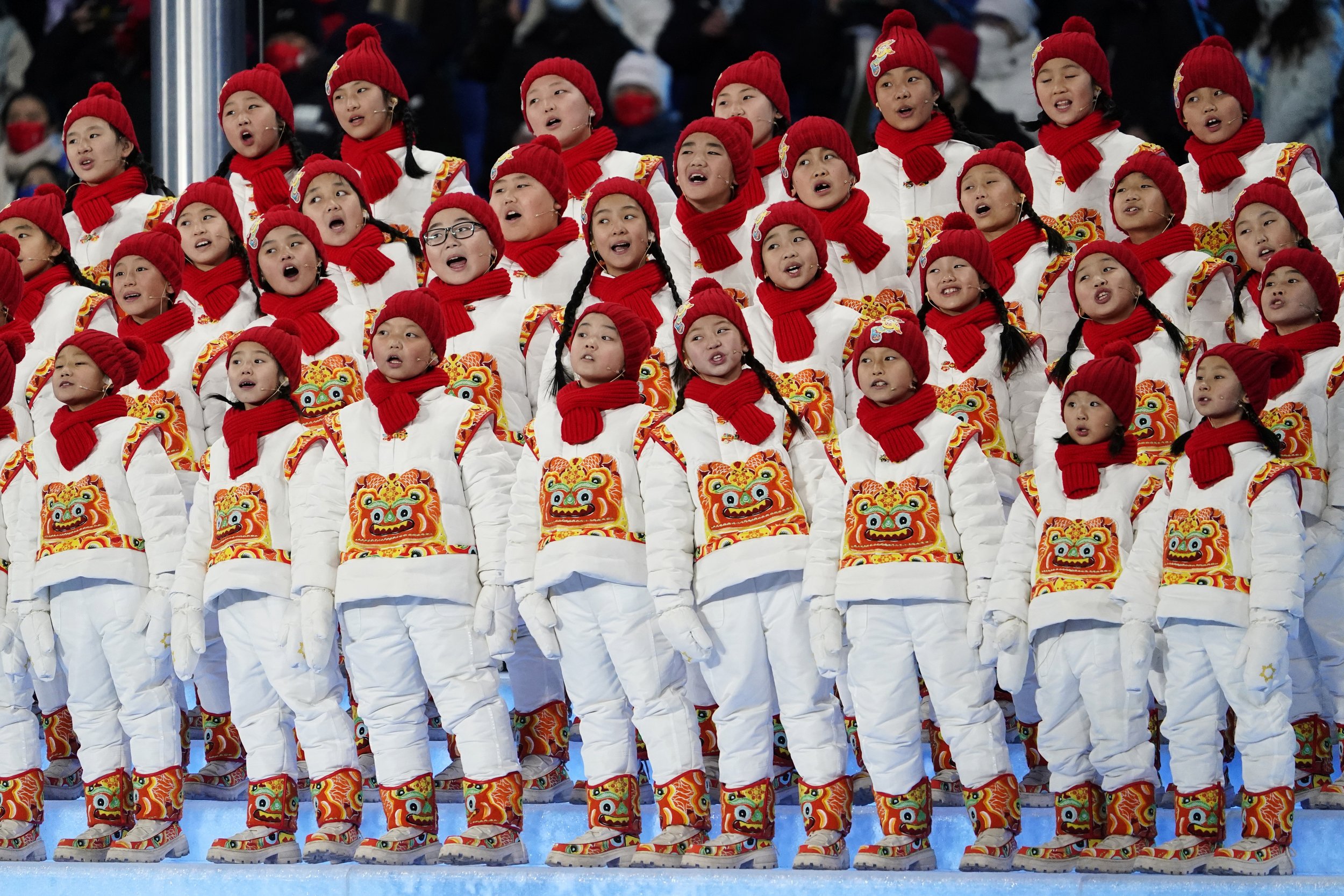  Children sing during the opening ceremony of the 2022 Winter Olympics, Friday, Feb. 4, 2022, in Beijing. (AP Photo/Jae C. Hong) 