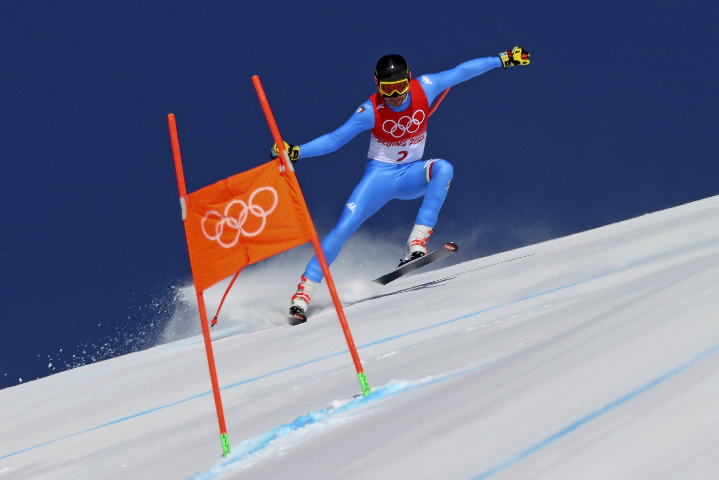  Christof Innerhofer, of Italy makes a turn during men's downhill training at the 2022 Winter Olympics, Saturday, Feb. 5, 2022, in the Yanqing district of Beijing. (AP Photo/Alessandro Trovati) 