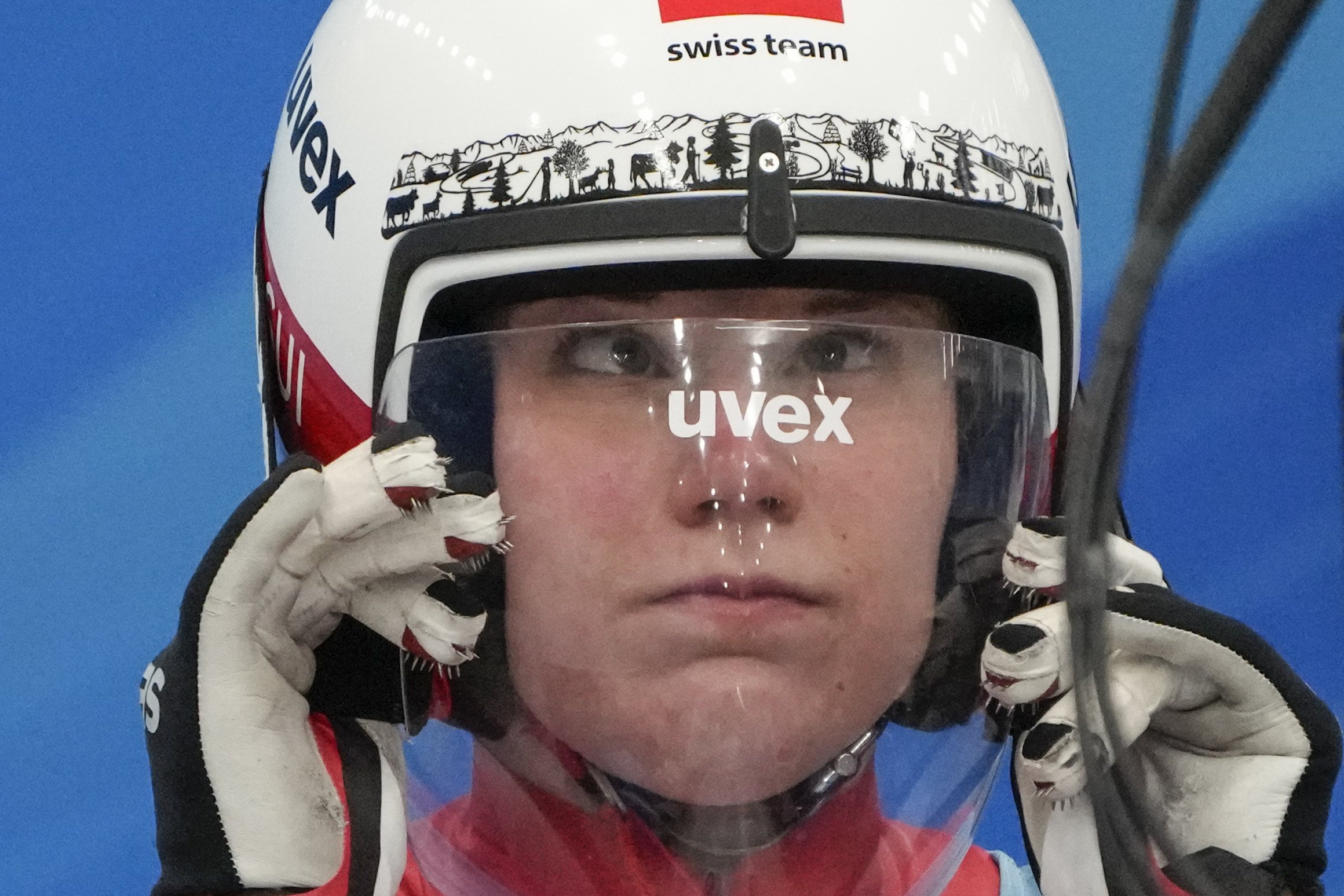  Natalie Maag, of Switzerland, prepares to the luge women's singles run 3 at the 2022 Winter Olympics, Tuesday, Feb. 8, 2022, in the Yanqing district of Beijing. (AP Photo/Mark Schiefelbein) 
