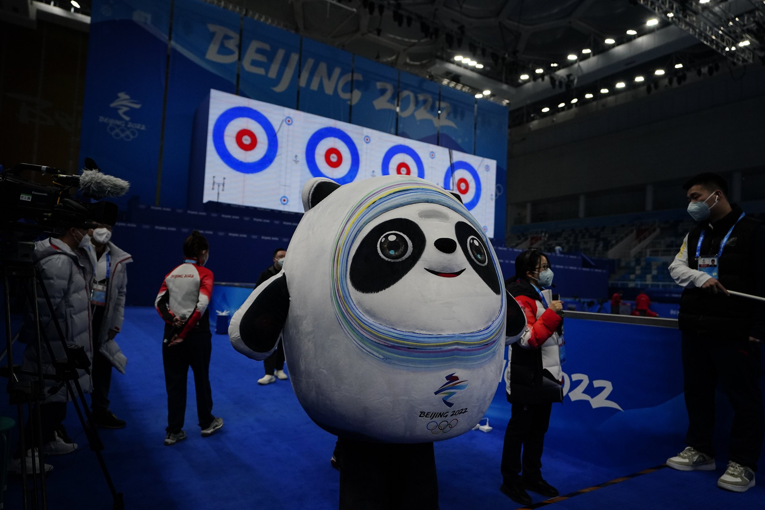  Bing Dwen Dwen, the Olympics mascot poses at the curling venue ahead of the Beijing Winter Olympics, Wednesday, Feb. 2, 2022, in Beijing. (AP Photo/Brynn Anderson) 