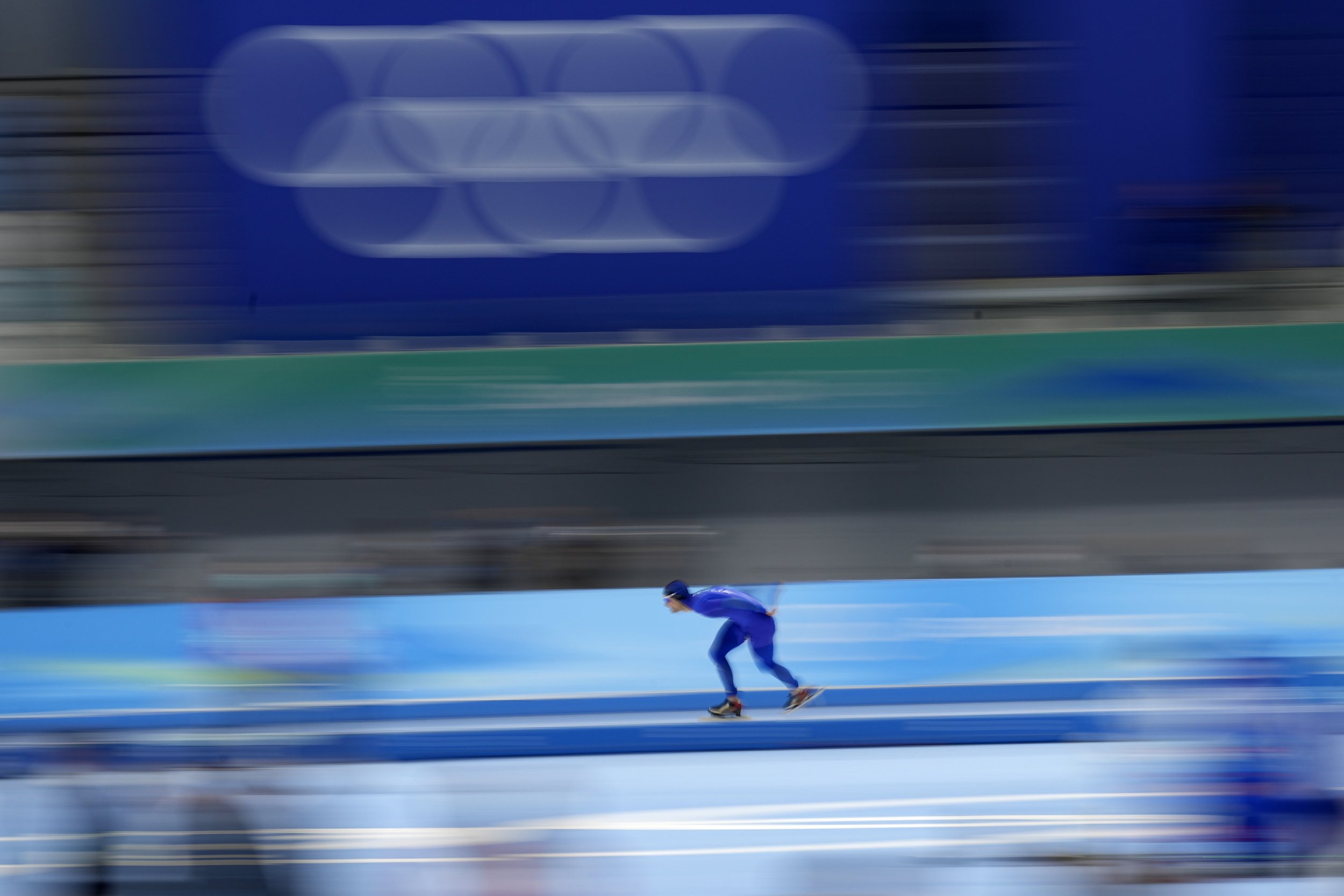 Andrea Giovannini of Italy competes during the men's speedskating 5,000-meter race at the 2022 Winter Olympics, Sunday, Feb. 6, 2022, in Beijing. (AP Photo/Ashley Landis) 