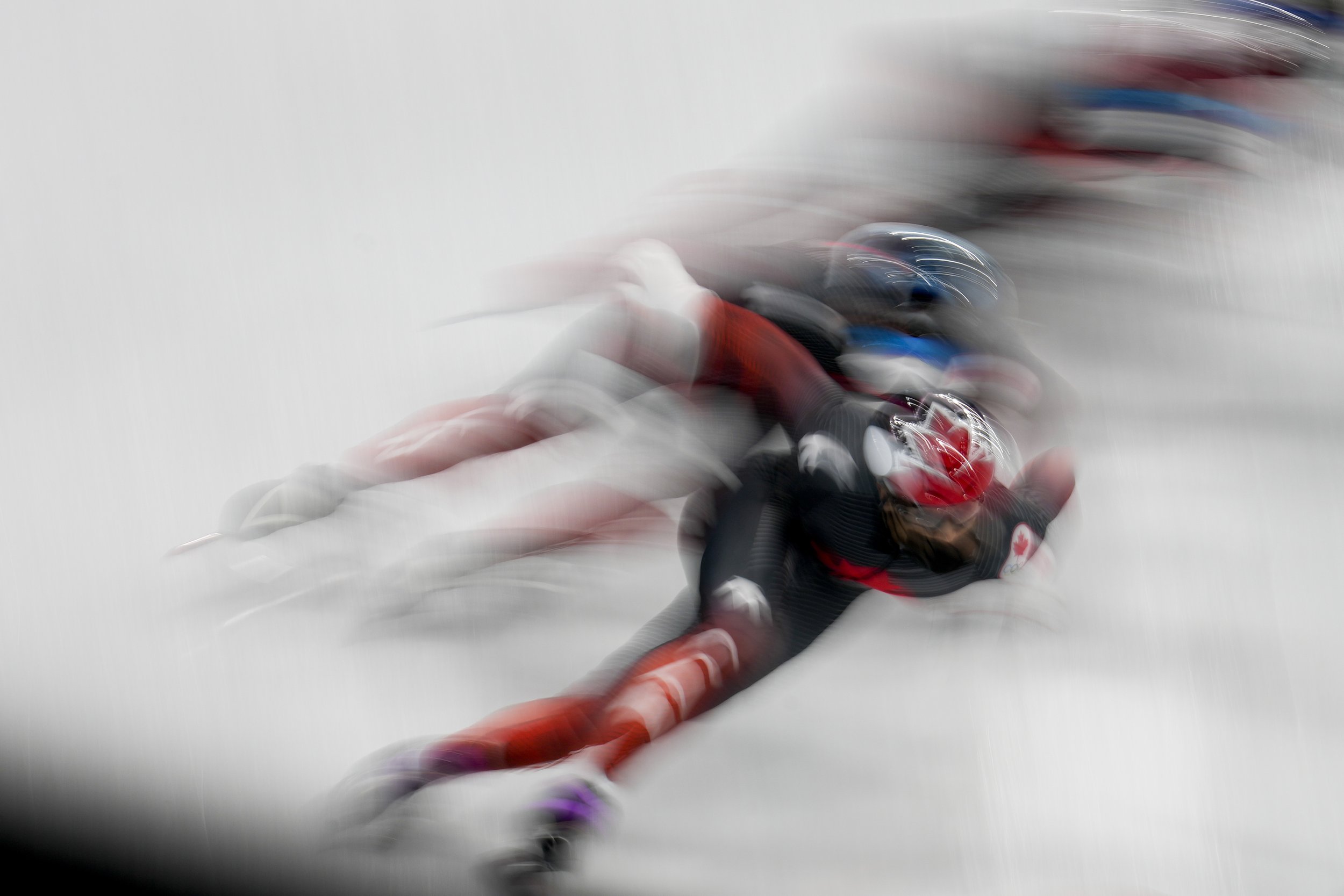  Members of the Canadian short track speedskating team train at the 2022 Winter Olympics, Thursday, Feb. 3, 2022, in Beijing. (AP Photo/Natacha Pisarenko) 