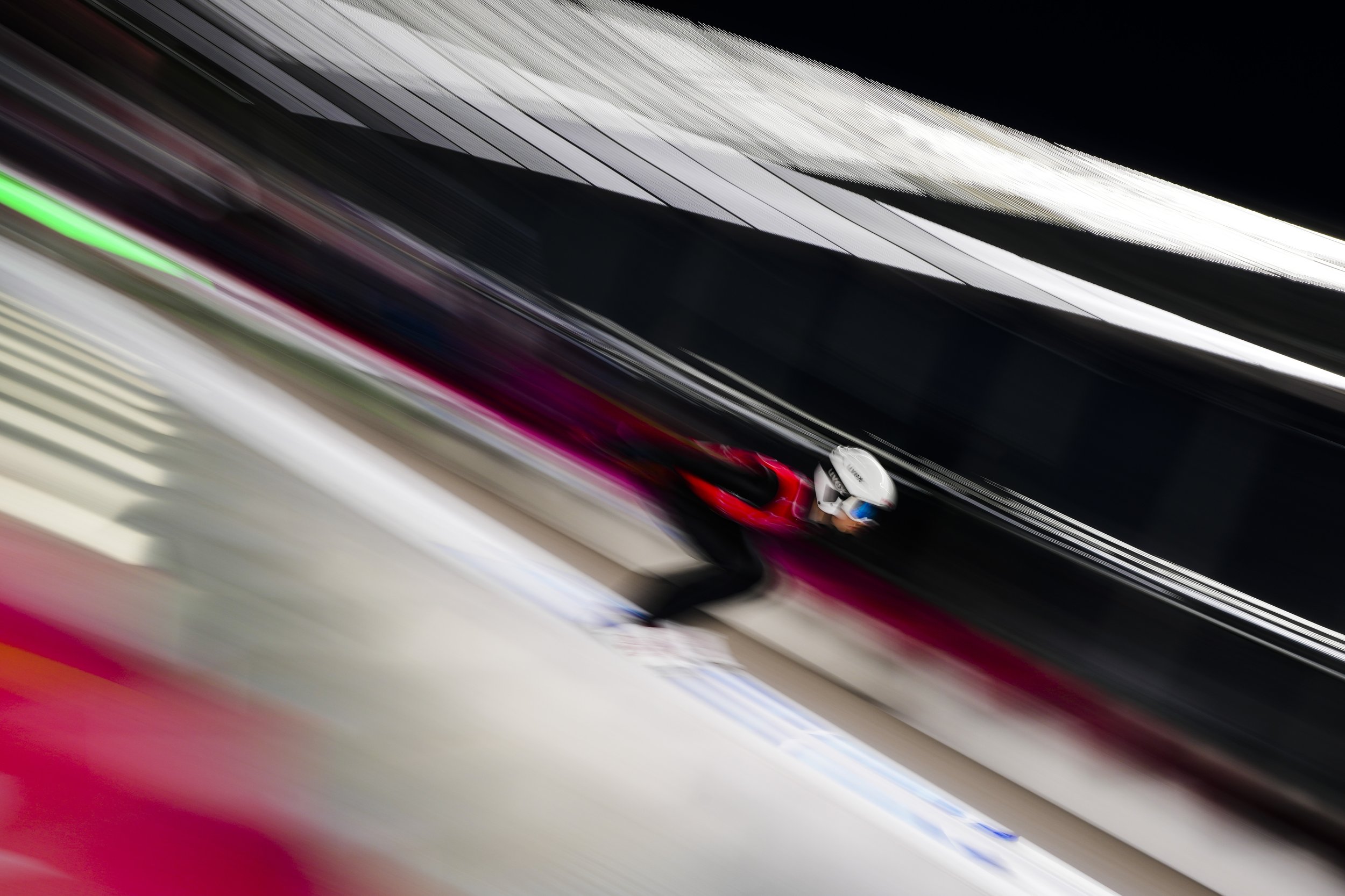  Matthew Soukup, of Canada, speeds down the hill during a men's large hill training session at the 2022 Winter Olympics, Thursday, Feb. 10, 2022, in Zhangjiakou, China. (AP Photo/Matthias Schrader) 