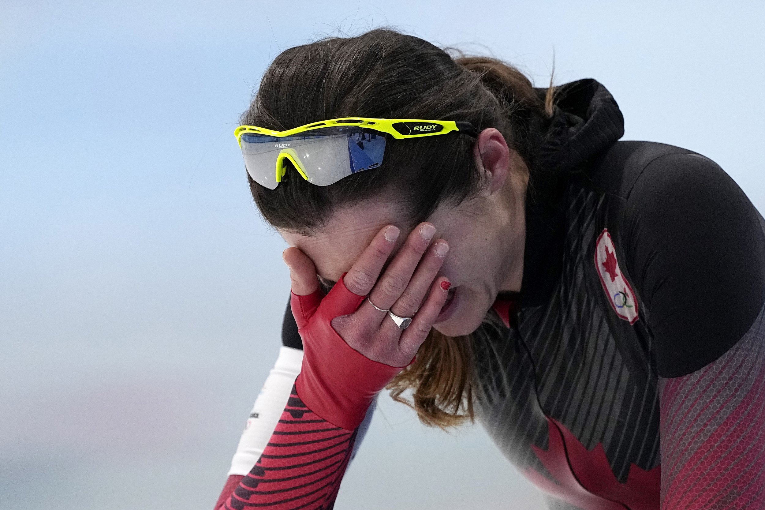  Isabelle Weidemann of Canada reacts after her heat in the women's speedskating 5,000-meter race at the 2022 Winter Olympics, Thursday, Feb. 10, 2022, in Beijing. (AP Photo/Sue Ogrocki) 