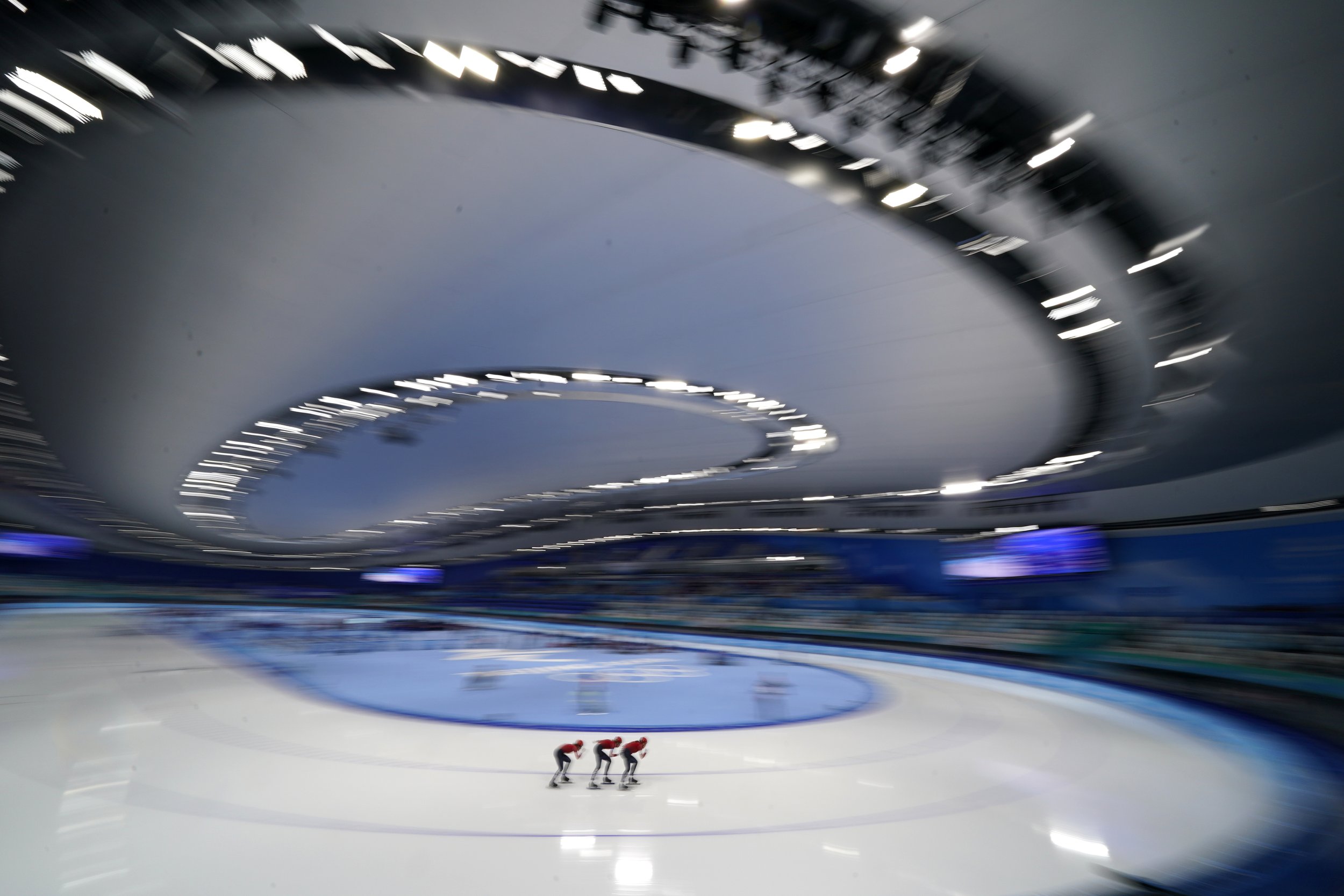  Team Norway competes in the speedskating women's team pursuit quarterfinals at the 2022 Winter Olympics, Saturday, Feb. 12, 2022, in Beijing. (AP Photo/Ashley Landis) 