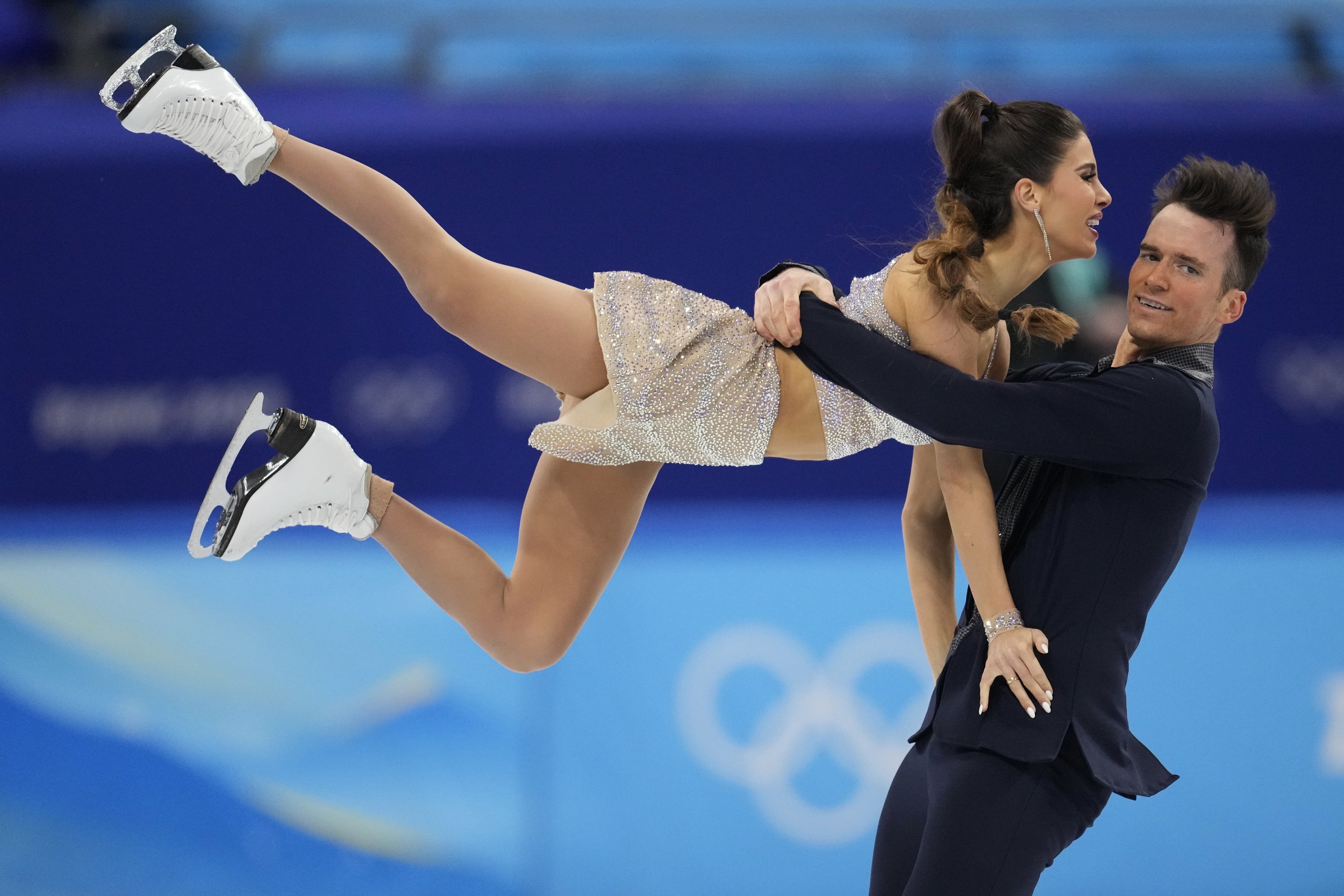  Tina Garabedian and Simon Proulx Senecal, of Armenia, perform their routine in the ice dance competition during figure skating at the 2022 Winter Olympics, Saturday, Feb. 12, 2022, in Beijing. (AP Photo/Natacha Pisarenko) 