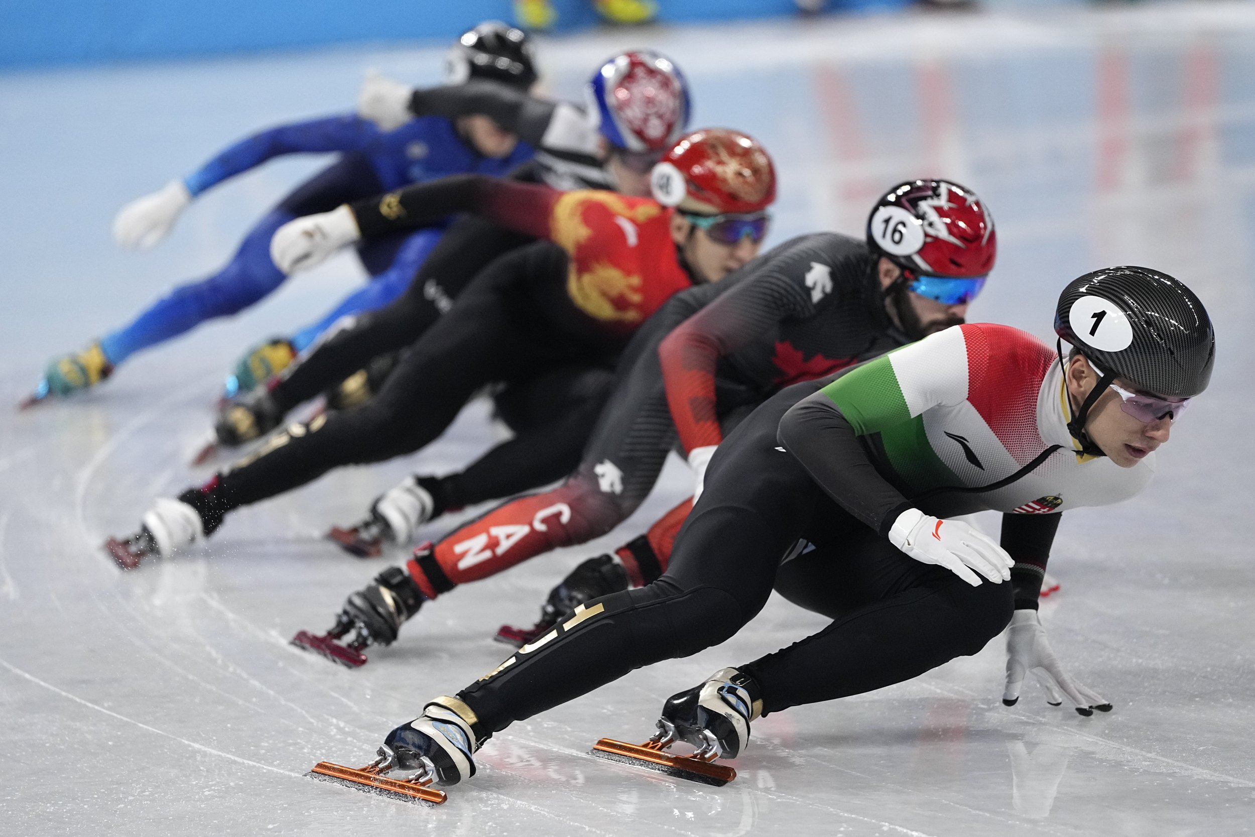  Liu Shaoang of Hungary, races in his men's 500-meters semifinal during the short track speedskating competition at the 2022 Winter Olympics, Sunday, Feb. 13, 2022, in Beijing. (AP Photo/David J. Phillip) 