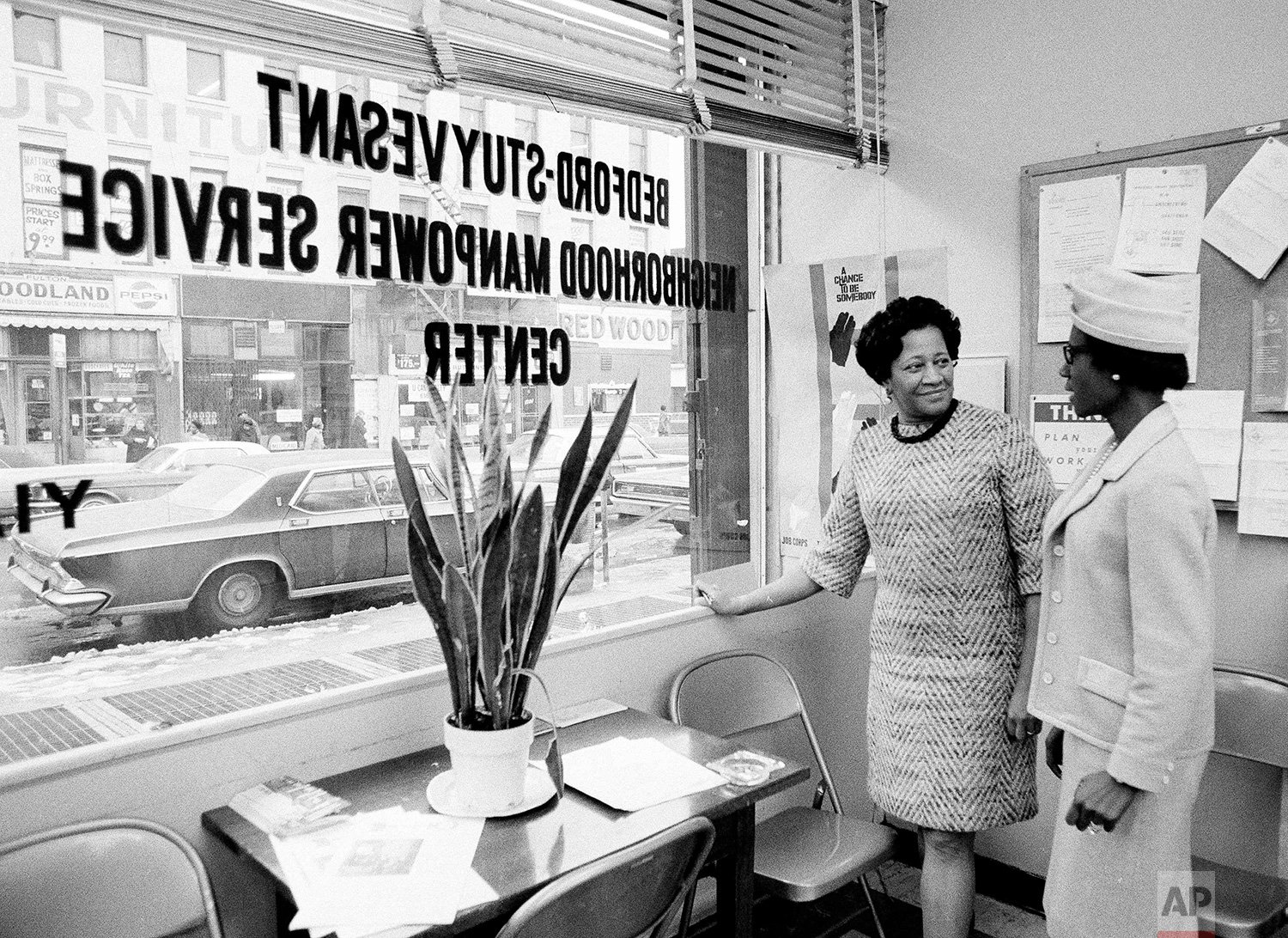  Mrs. Shirley Chisholm (right) is seen chatting with Mrs. Lucille Rose, managing director (designated regional director) of the Bedford-Stuyvesant Neighborhood Manpower Service Center on Dec. 20, 1968.  (AP Photo/ John Duricka) 