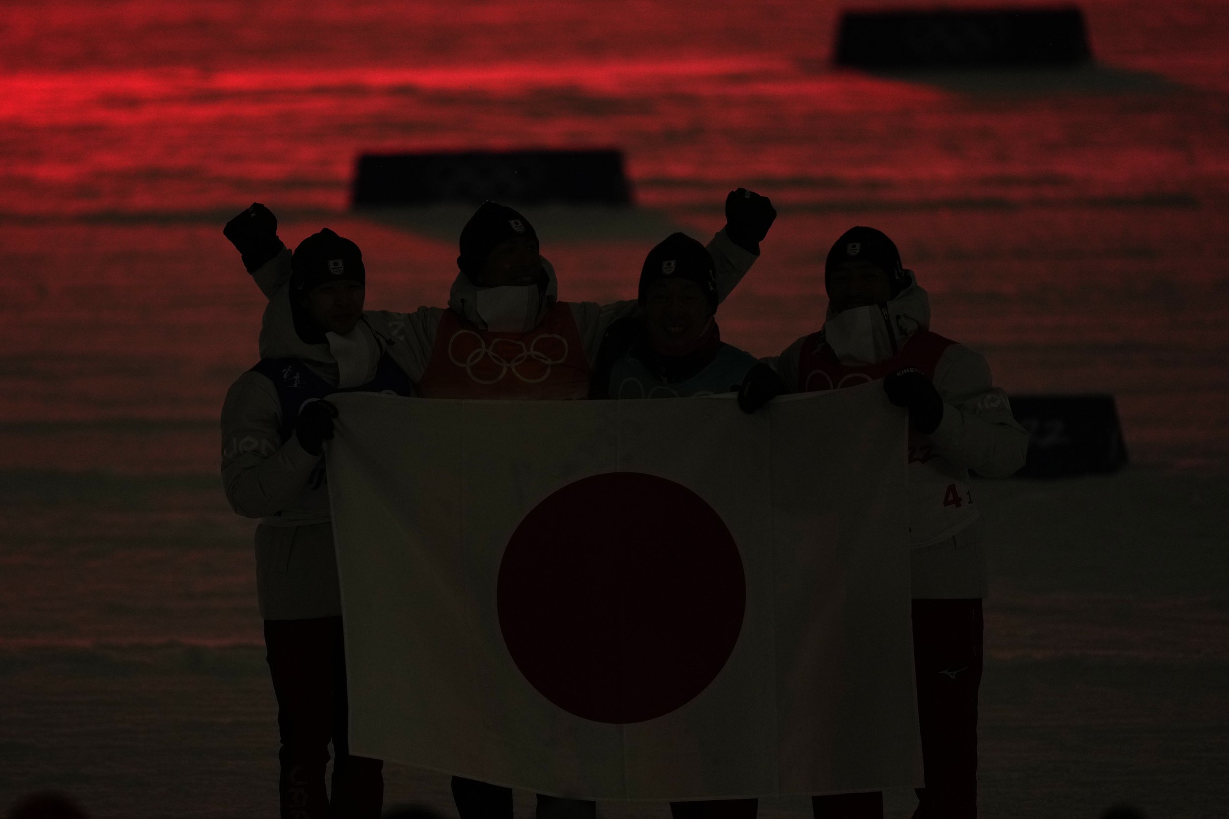  Bronze medal finishers Japan pose after a venue ceremony after the cross-country skiing competition of the team Gundersen large hill/4x5km at the 2022 Winter Olympics, Thursday, Feb. 17, 2022, in Zhangjiakou, China. (AP Photo/Alessandra Tarantino) 