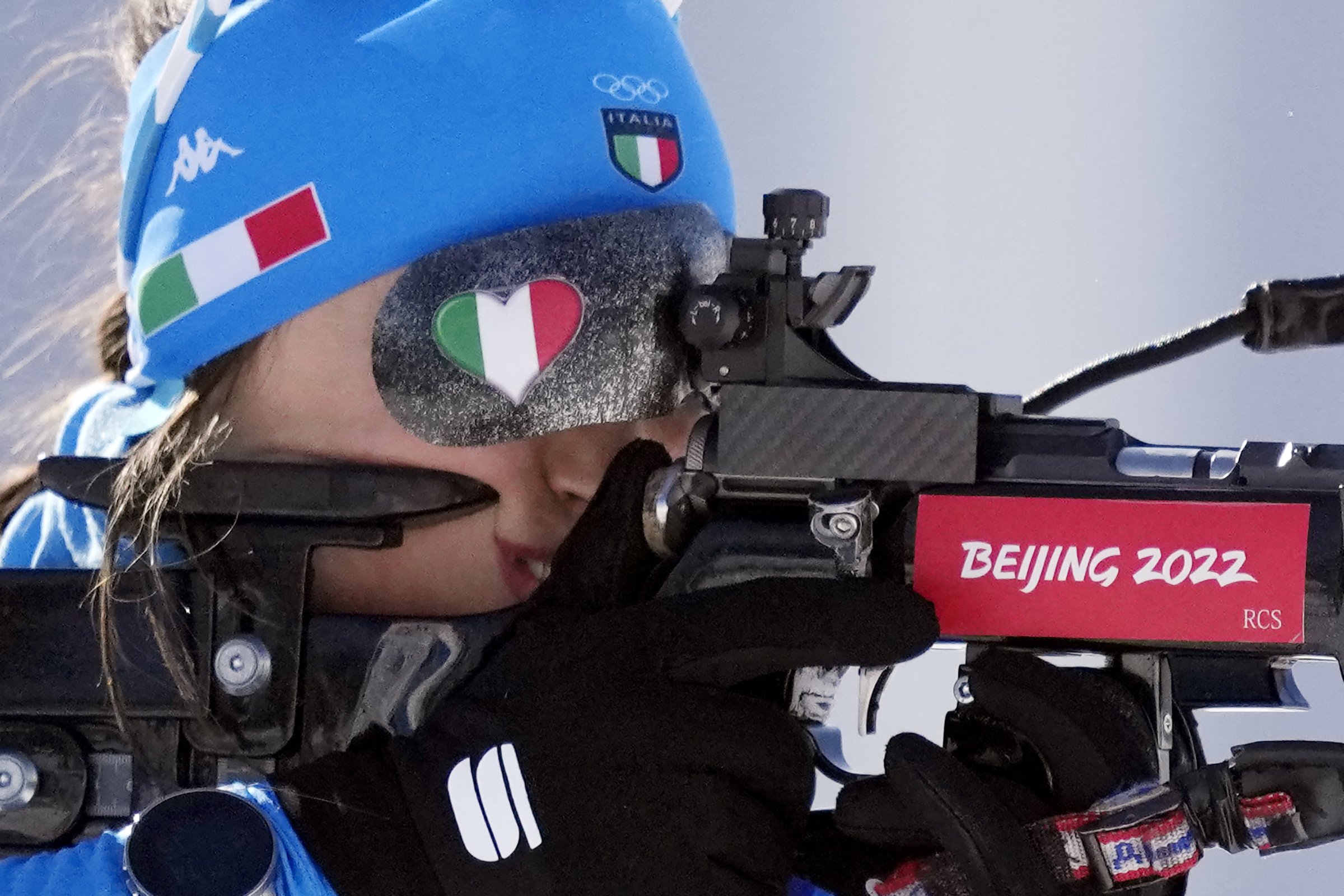  Dorothea Wierer of Italy shoots during zeroing in the women's 12.5-kilometer mass start biathlon at the 2022 Winter Olympics, Friday, Feb. 18, 2022, in Zhangjiakou, China. (AP Photo/Frank Augstein) 
