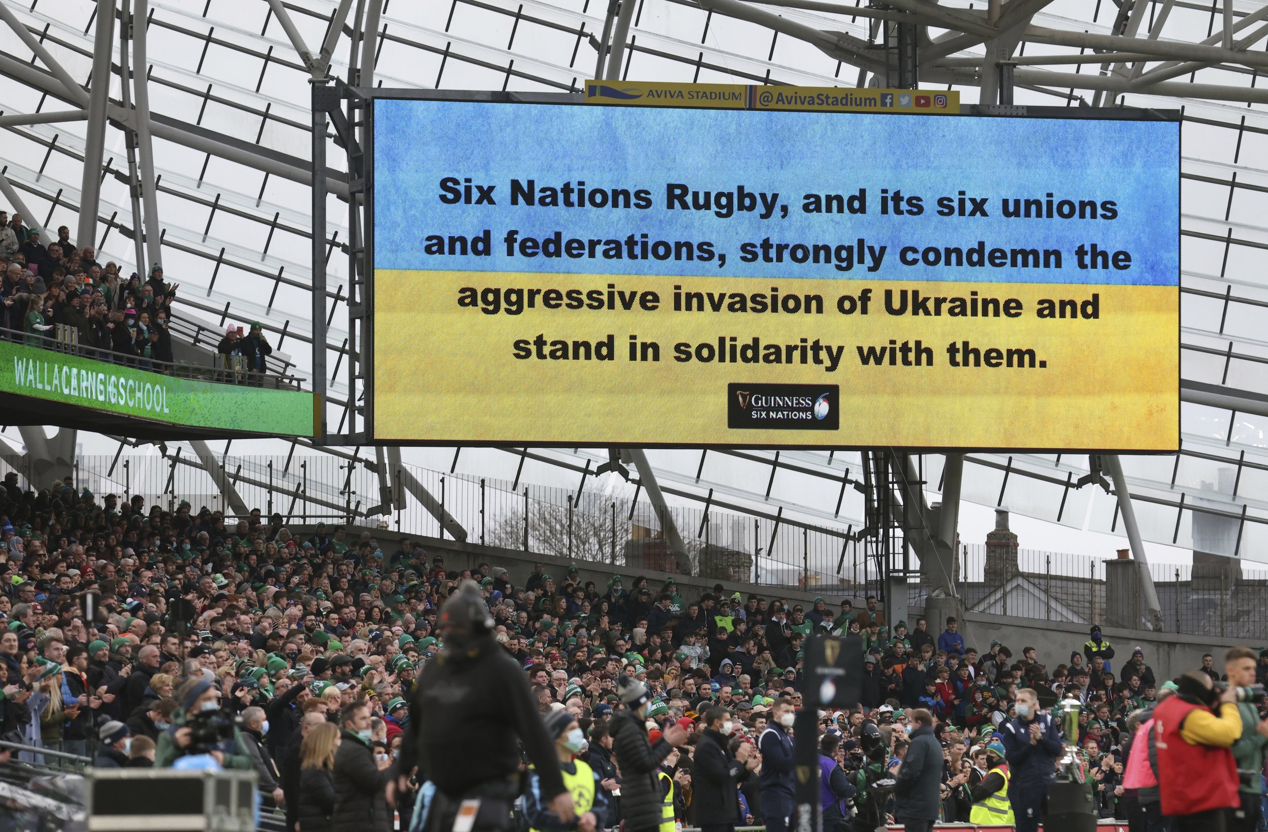  An electronic screen displays a message from the Six Nations Rugby in support of Ukraine, ahead of the rugby union match between Ireland and Italy at the Aviva Stadium in Dublin, Ireland, Sunday, Feb. 27, 2022. (AP Photo/Peter Morrison) 