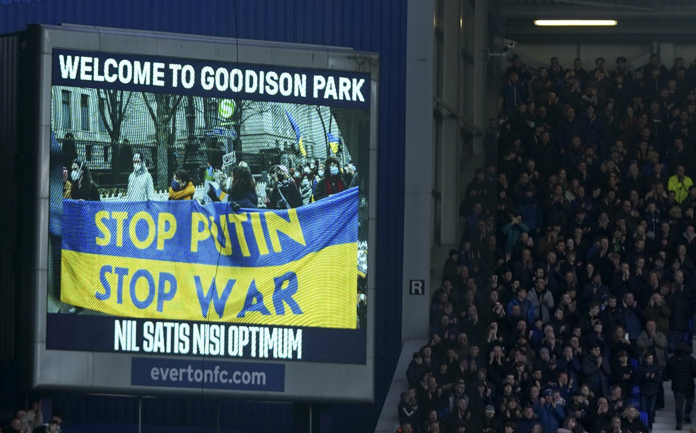  A screen shows support to Ukraine before the English Premier League soccer match between Everton and Manchester City at Goodison Park in Liverpool, England, Feb. 26, 2022. (AP Photo/Jon Super) 