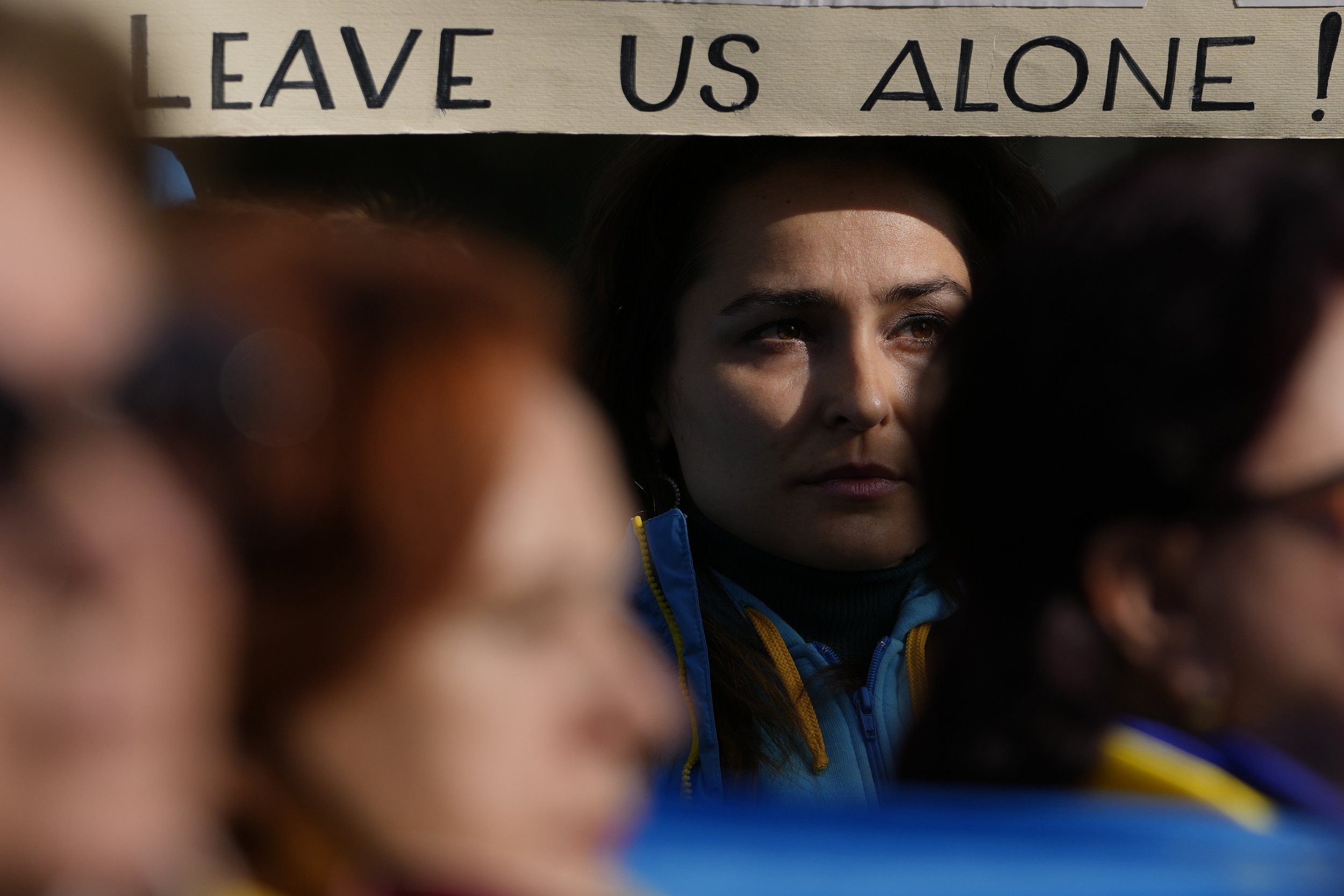  Ukrainians who live in Rome protest near the Russian Embassy in Rome, Thursday, Feb. 24, 2022. (AP Photo/Alessandra Tarantino) 