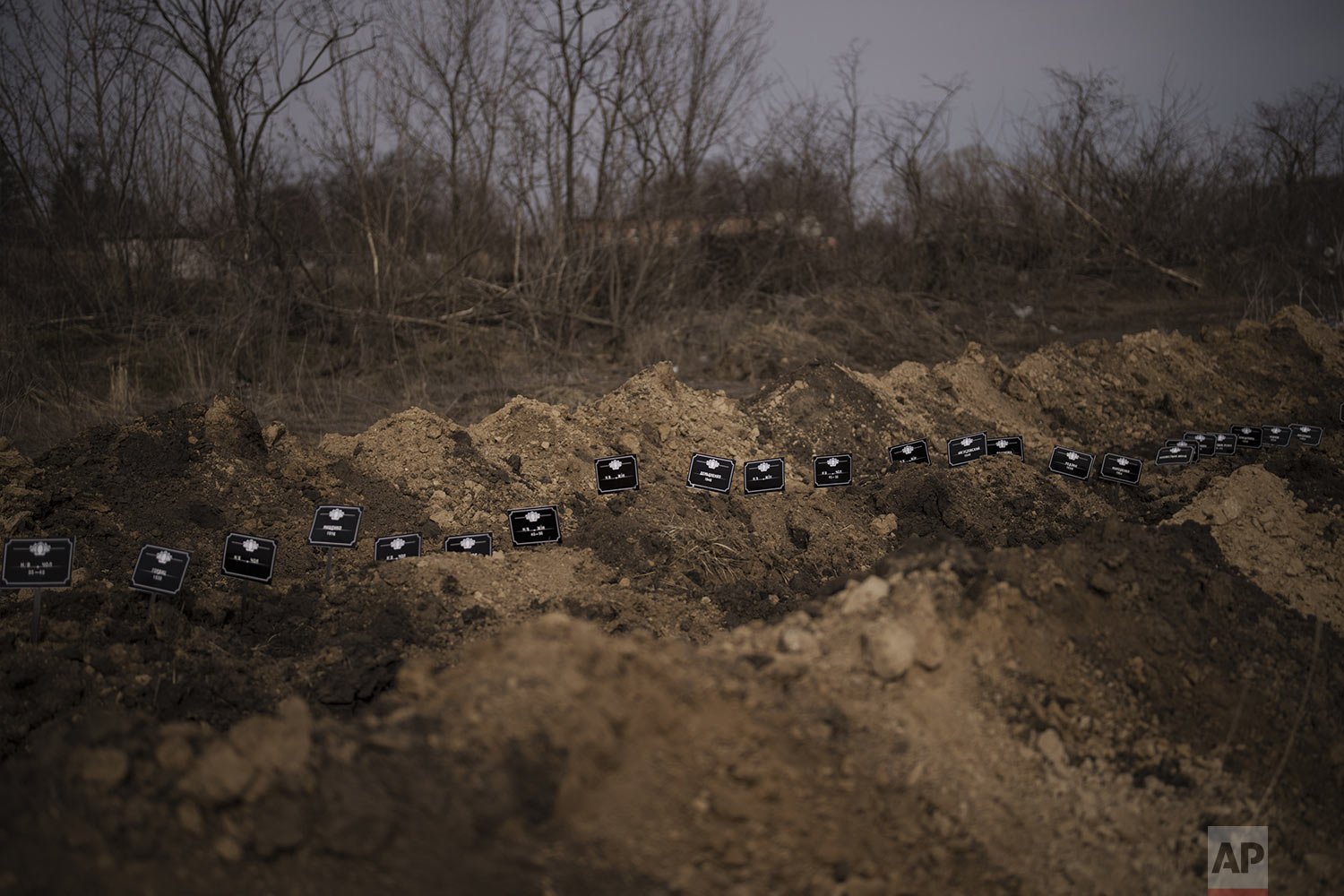  Personalized grave markers line a mass grave at a cemetery in Kharkiv, Ukraine, Saturday, March 26, 2022. According to workers, most of them died of natural causes and were buried in the mass grave after no relatives claimed the bodies. (AP Photo/Fe