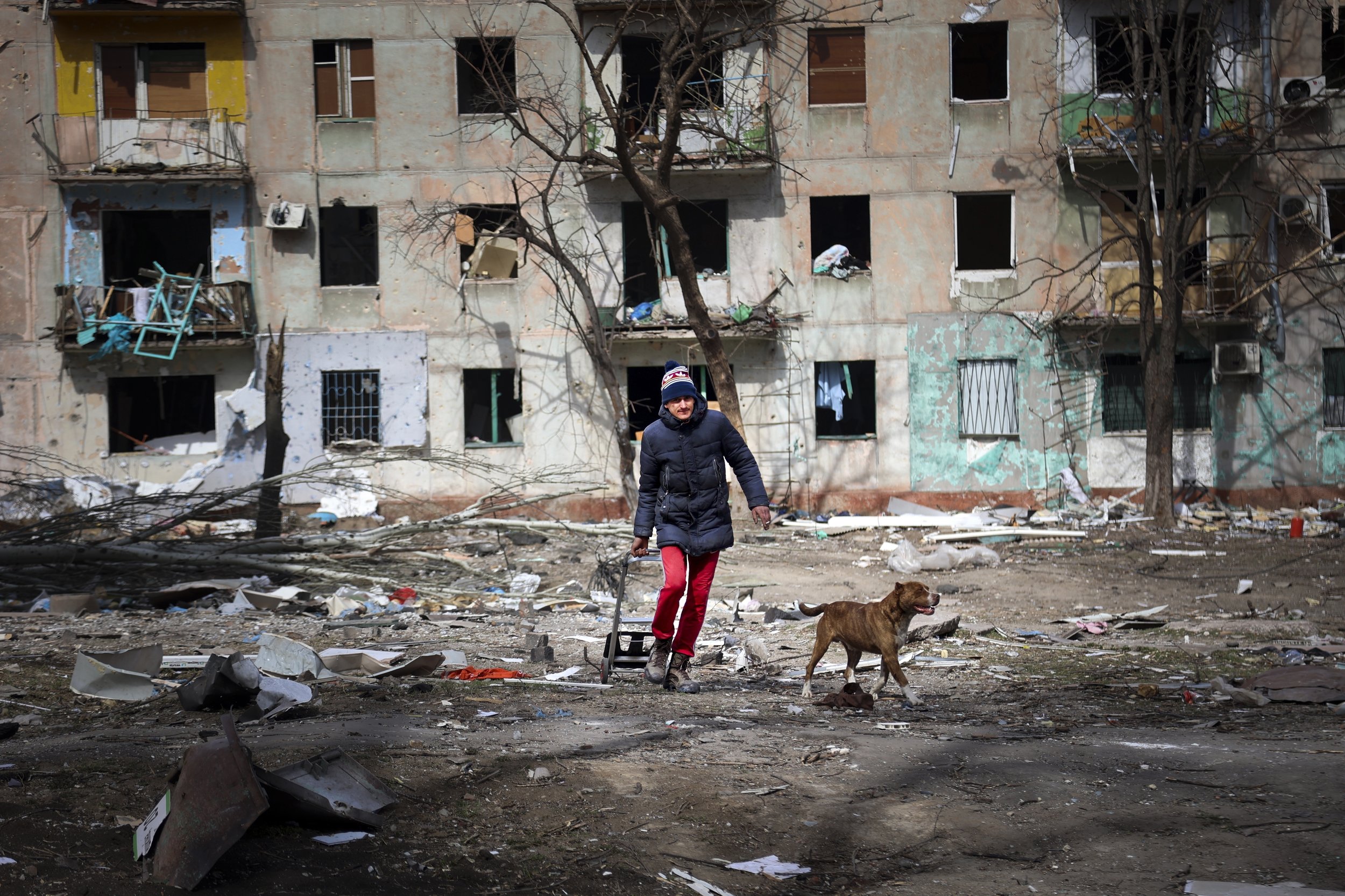  A man walks with his dog near an apartment building damaged by shelling from fighting on the outskirts of Mariupol, Ukraine, in territory under control of the separatist government of the Donetsk People's Republic, on Tuesday, March 29, 2022. (AP Ph
