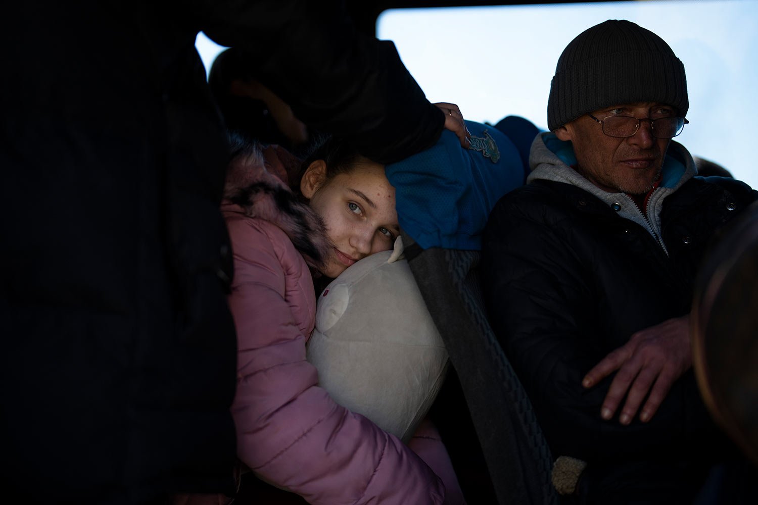  Alesiy, 10, looks out of a bus at the city of Bashtanka, after she and her family escape from the Kherson district, Ukraine on Thursday, April 7, 2022. (AP Photo/Petros Giannakouris) 