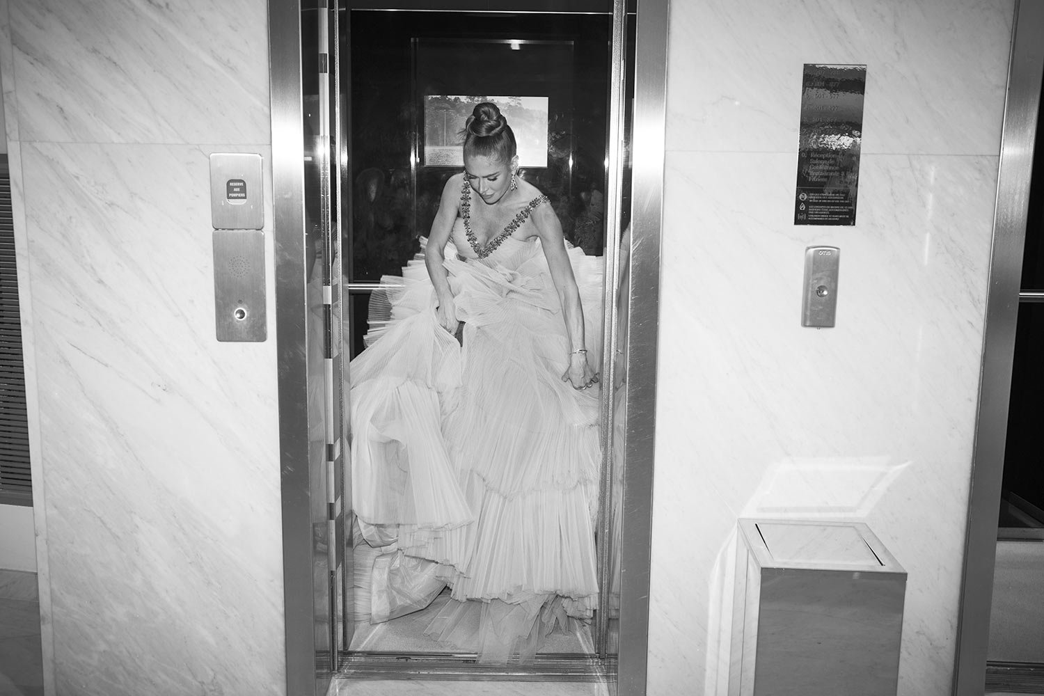  Maja Malnar enters the elevator at the Martinez hotel during the 75th international film festival, Cannes, southern France, Saturday, May 21, 2022. (AP Photo/Petros Giannakouris) 