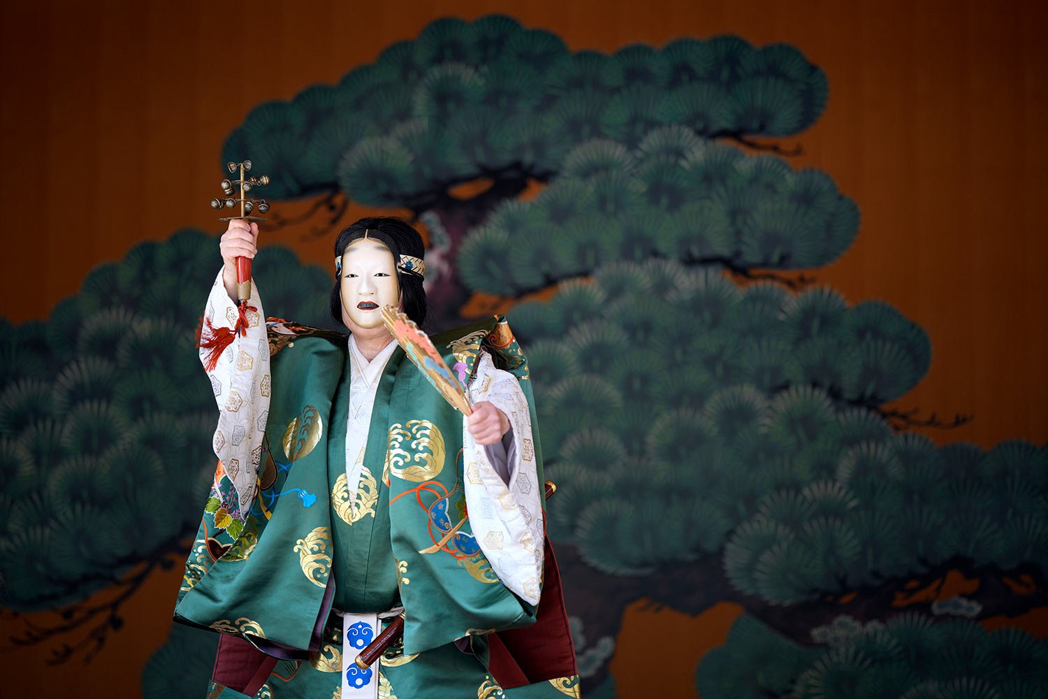  A dancer performs "Noh" dance-drama during a biennial festival called "Kanda Matsuri" at Kanda shrine Wednesday, May 18, 2022, in Tokyo. (AP Photo/Eugene Hoshiko) 