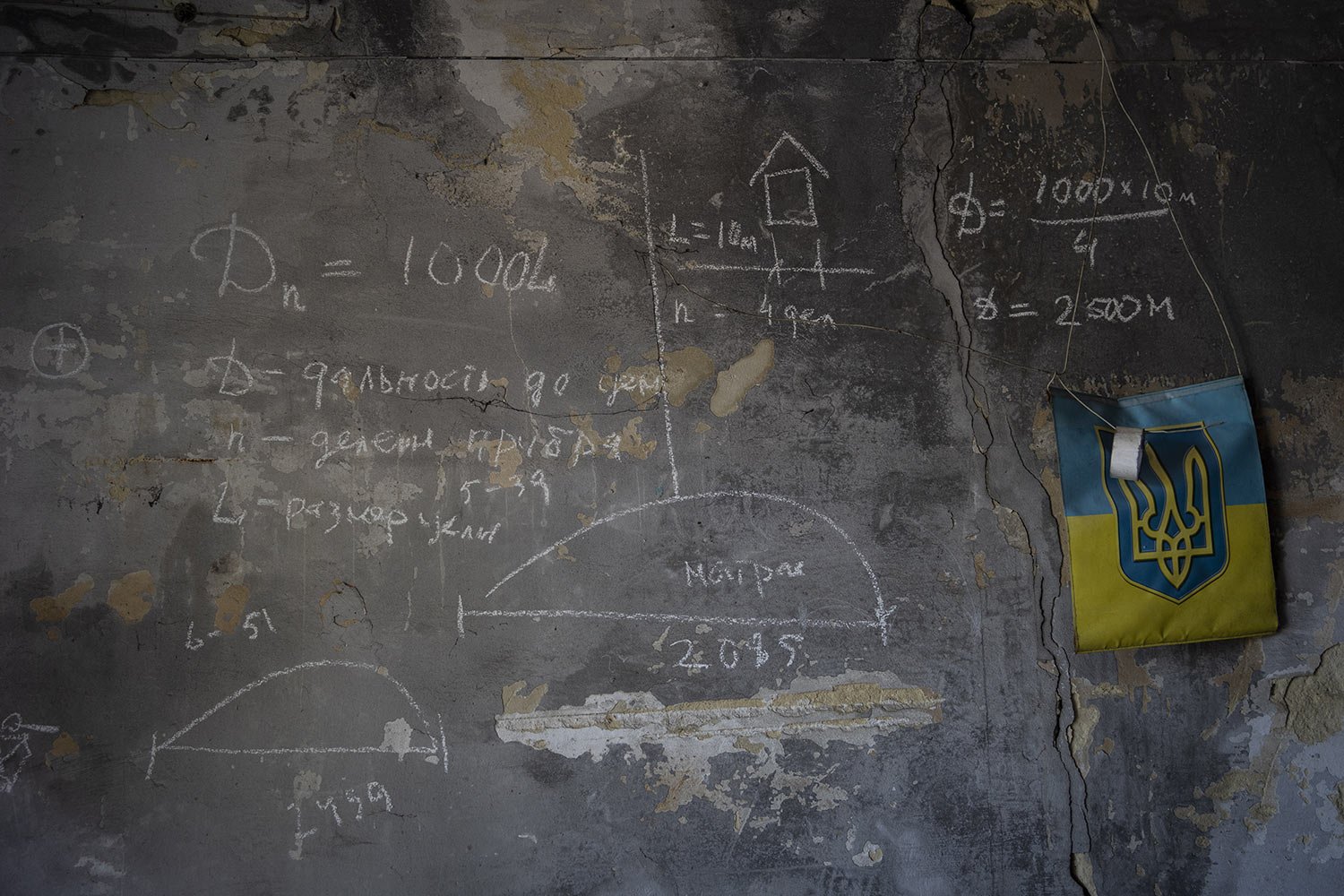  Artillery techniques are drawn on a wall inside a house near the frontline of the Russian invasion in the Donetsk oblast region of eastern Ukraine, Thursday, June 2, 2022. (AP Photo/Bernat Armangue) 