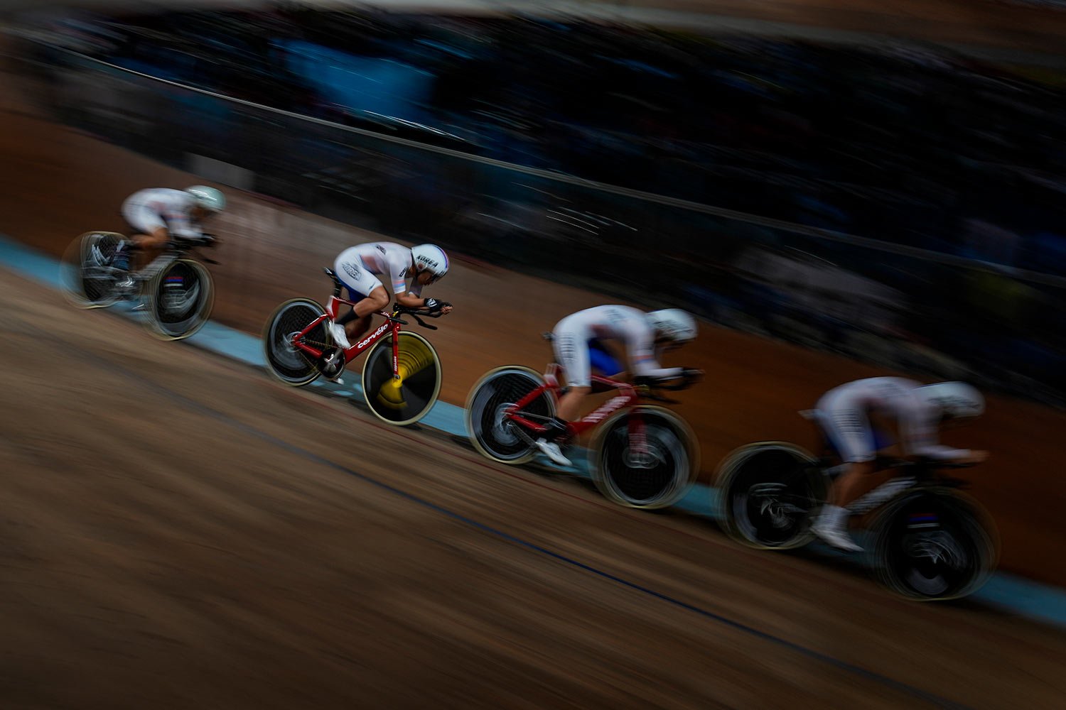  Riders of South Korea compete in the Elite Women's Team Pursuit qualifying round at the Asia Track Cycling Championship in New Delhi, India, Saturday, June 18, 2022. (AP Photo/Altaf Qadri) 