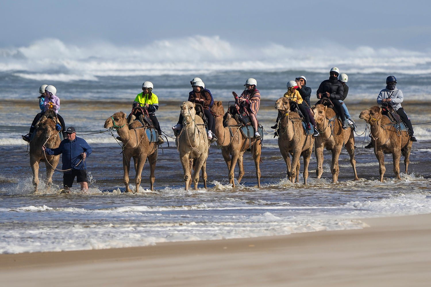  A guide leads tourists on camels through the surf at Birubi Point in Anna Bay, Australia, Sunday, June 12, 2022. (AP Photo/Mark Baker) 