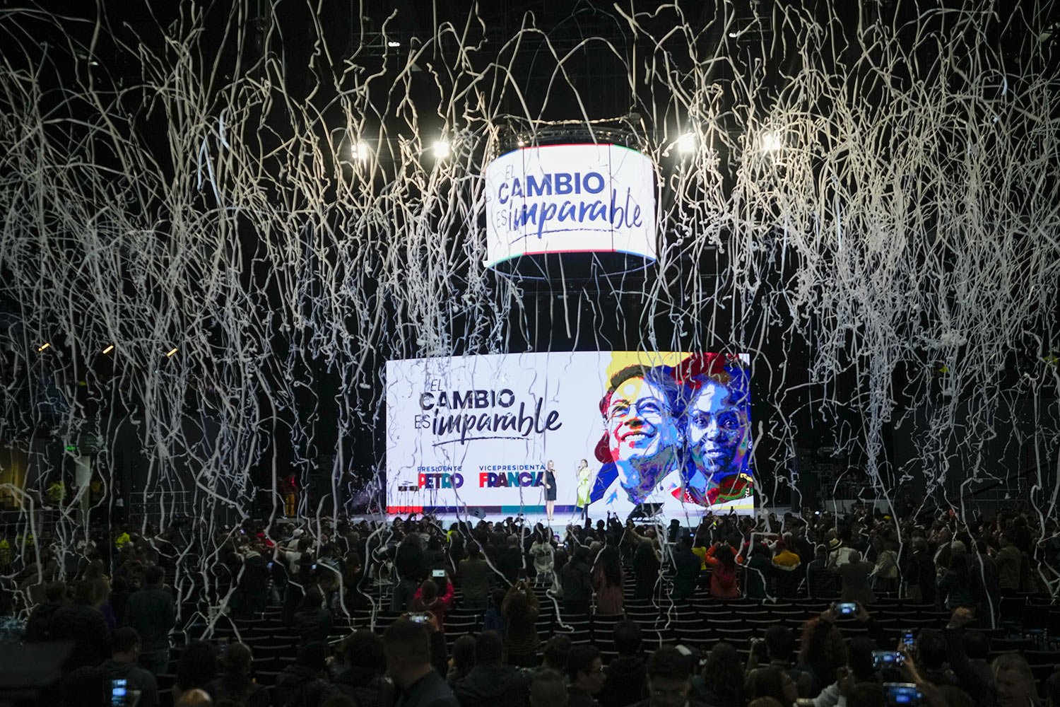  Confetti showers supporters at the election night headquarters of Gustavo Petro presidential candidate, in Bogota, Colombia, Sunday, June 19, 2022. Colombia will be governed by a leftist president for the first time after Petro narrowly defeated a r