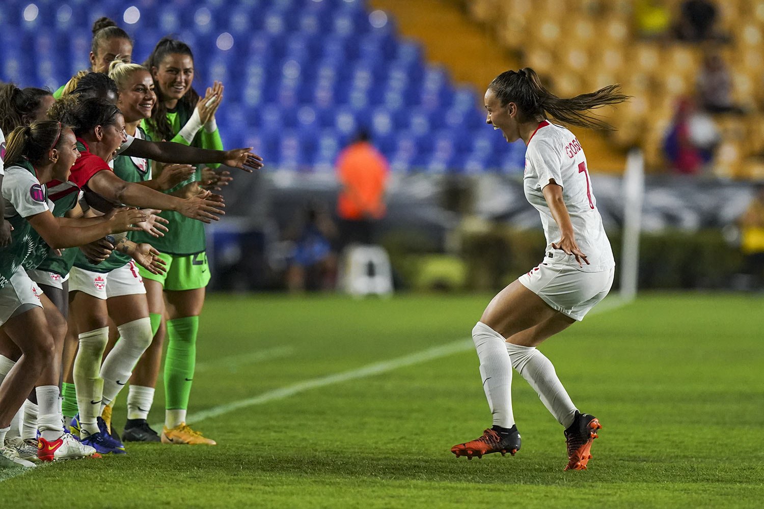  Canada's Julia Grosso celebrates scoring her side's opening goal against Panama during a CONCACAF Women's Championship soccer match in Monterrey, Mexico, Friday, July 8, 2022. (AP Photo/Fernando Llano) 