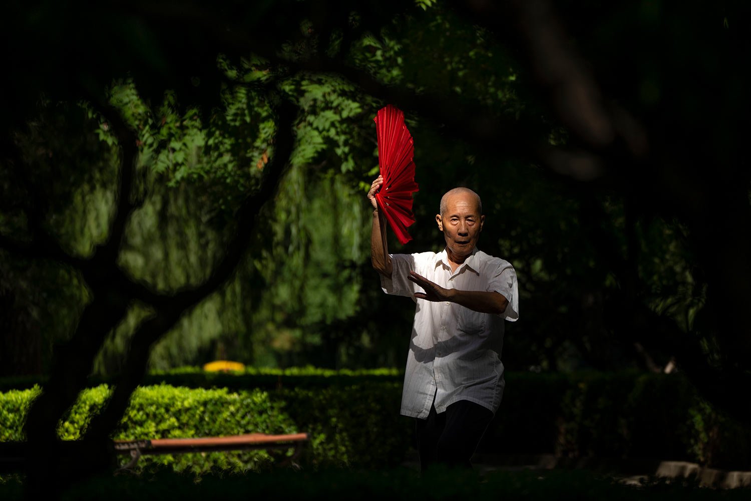  A man unfolds a fan as he does his morning exercises at a public park in Beijing, Tuesday, Aug. 16, 2022. (AP Photo/Mark Schiefelbein) 